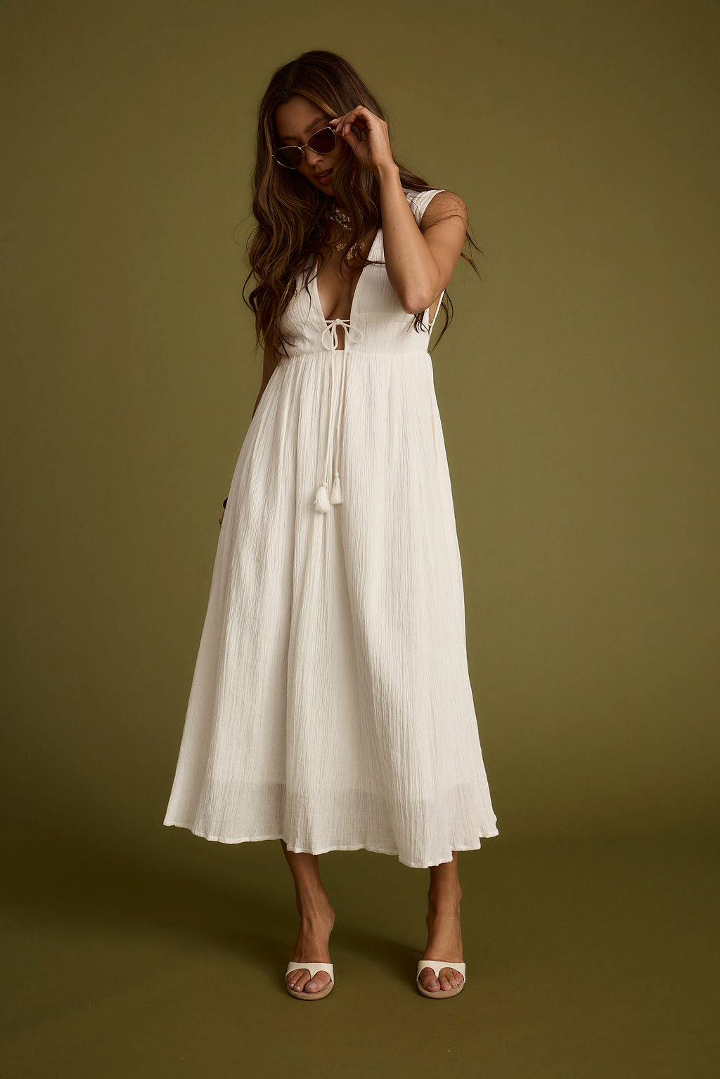 Turks Plunge White Gauze Maxi Dress
