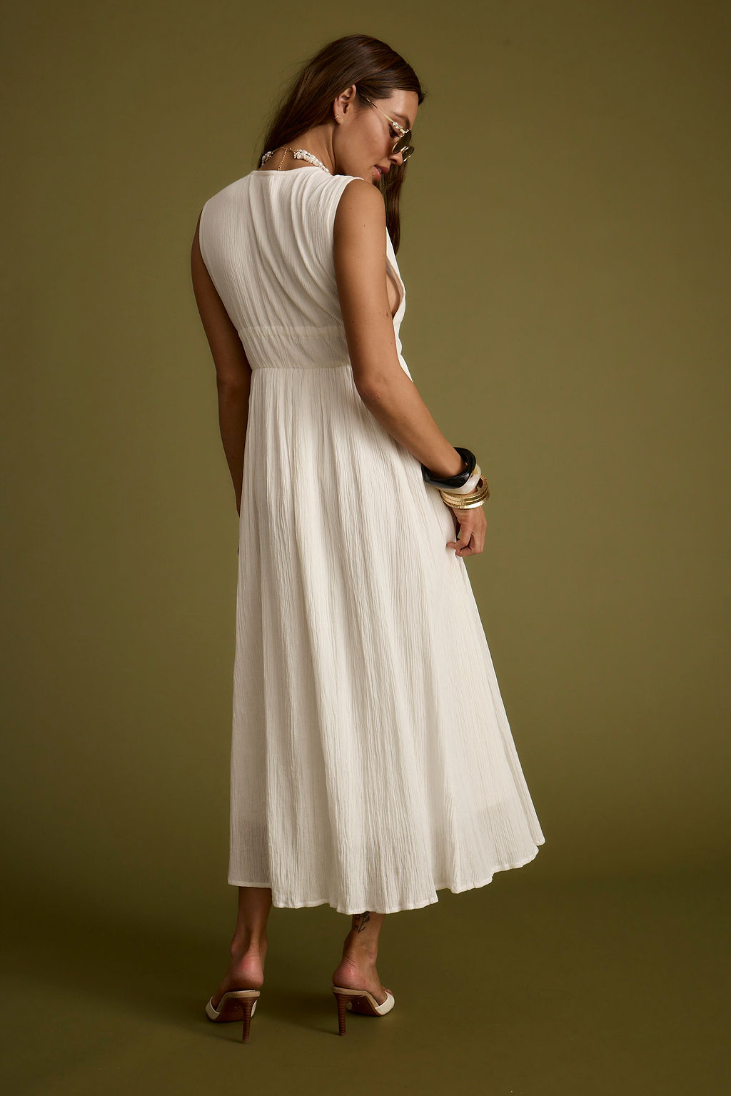 Turks Plunge White Gauze Maxi Dress