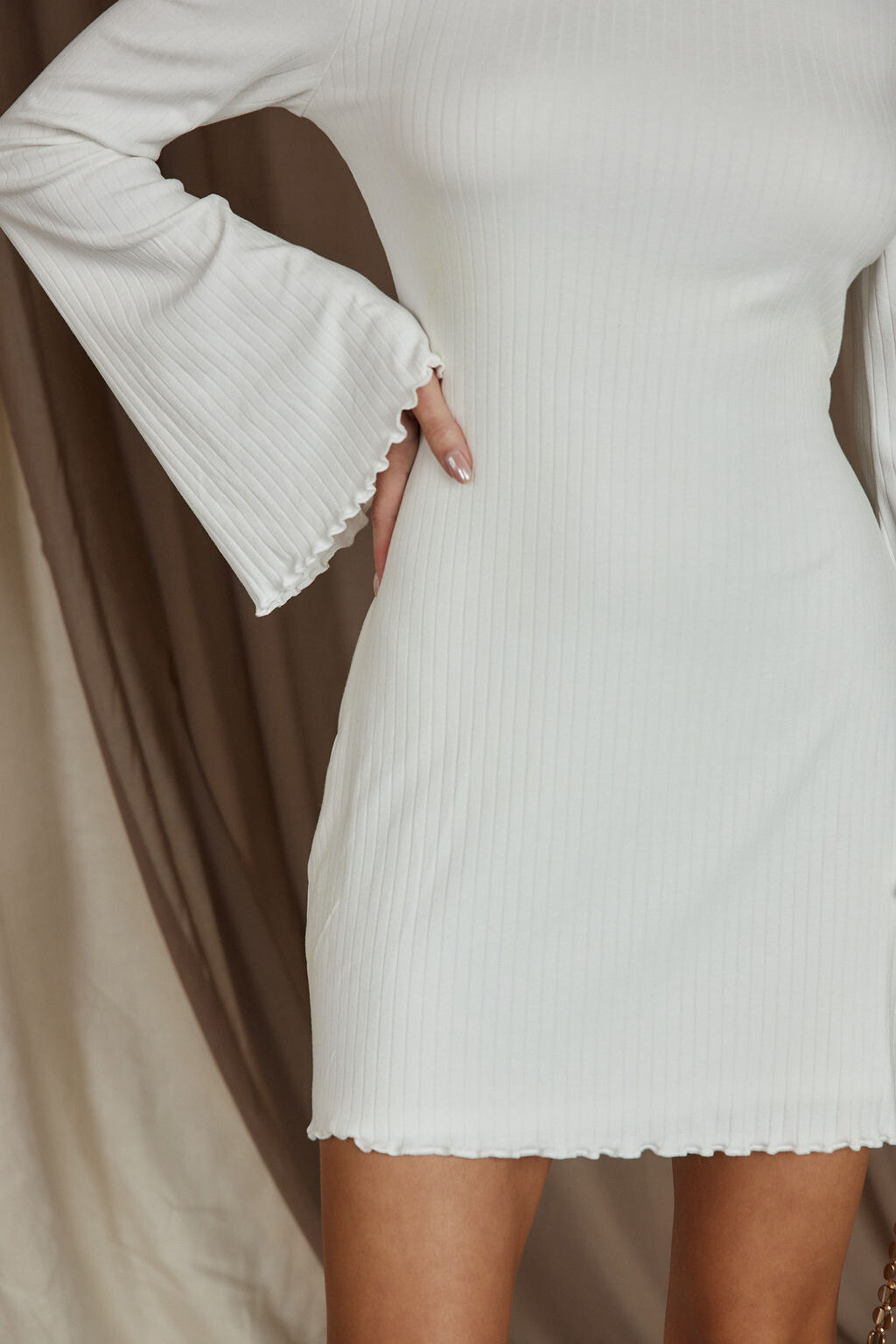 Tate White Rib Mini Long Sleeve Dress paired with complementary accessories for a polished look.