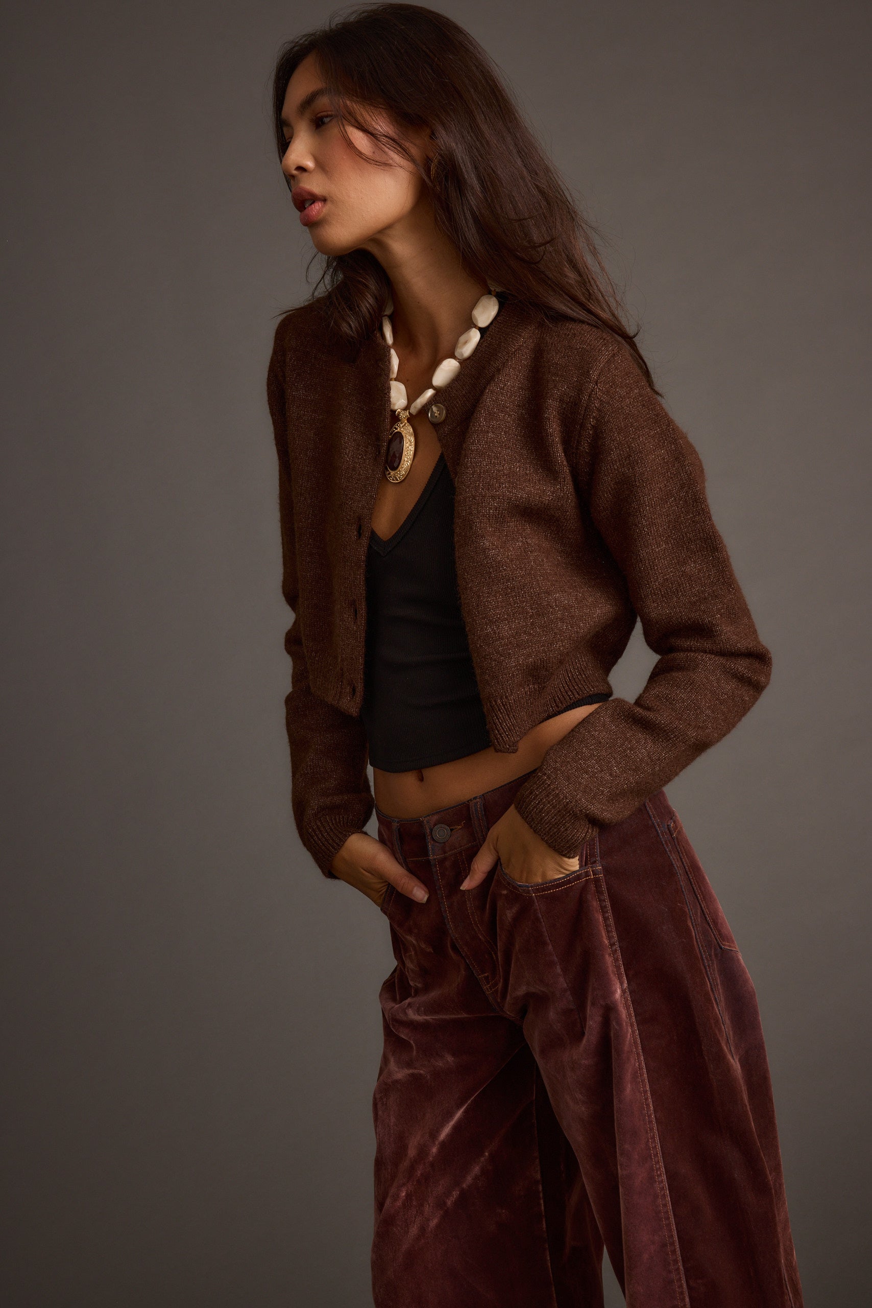 Teresa Mocha Cropped Cardigan paired with complementary accessories for a polished look.
