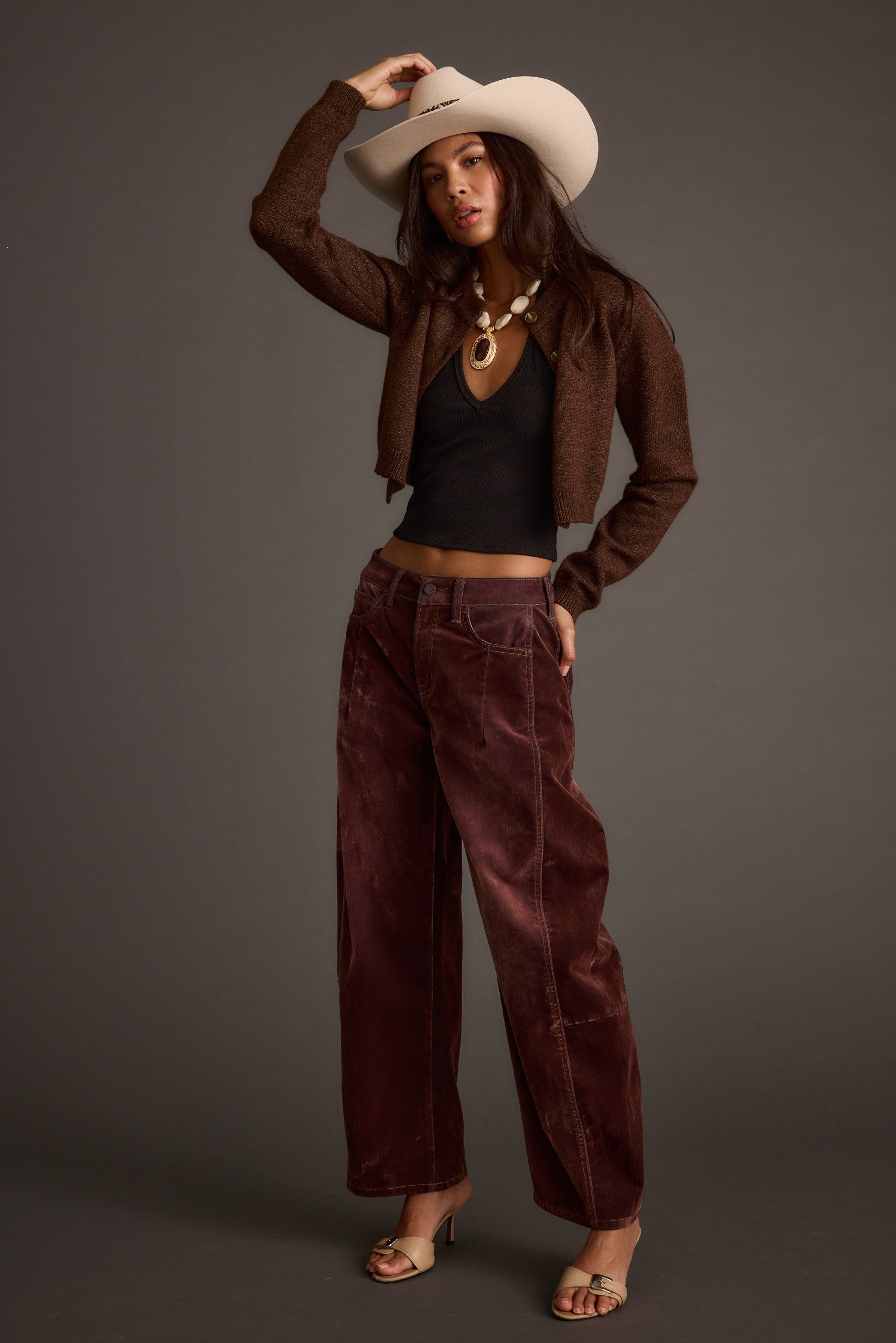 Additional view of the Teresa Mocha Cropped Cardigan from a different perspective.