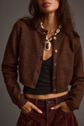 Mocha cropped cardigan with refined detailing and a flattering silhouette.