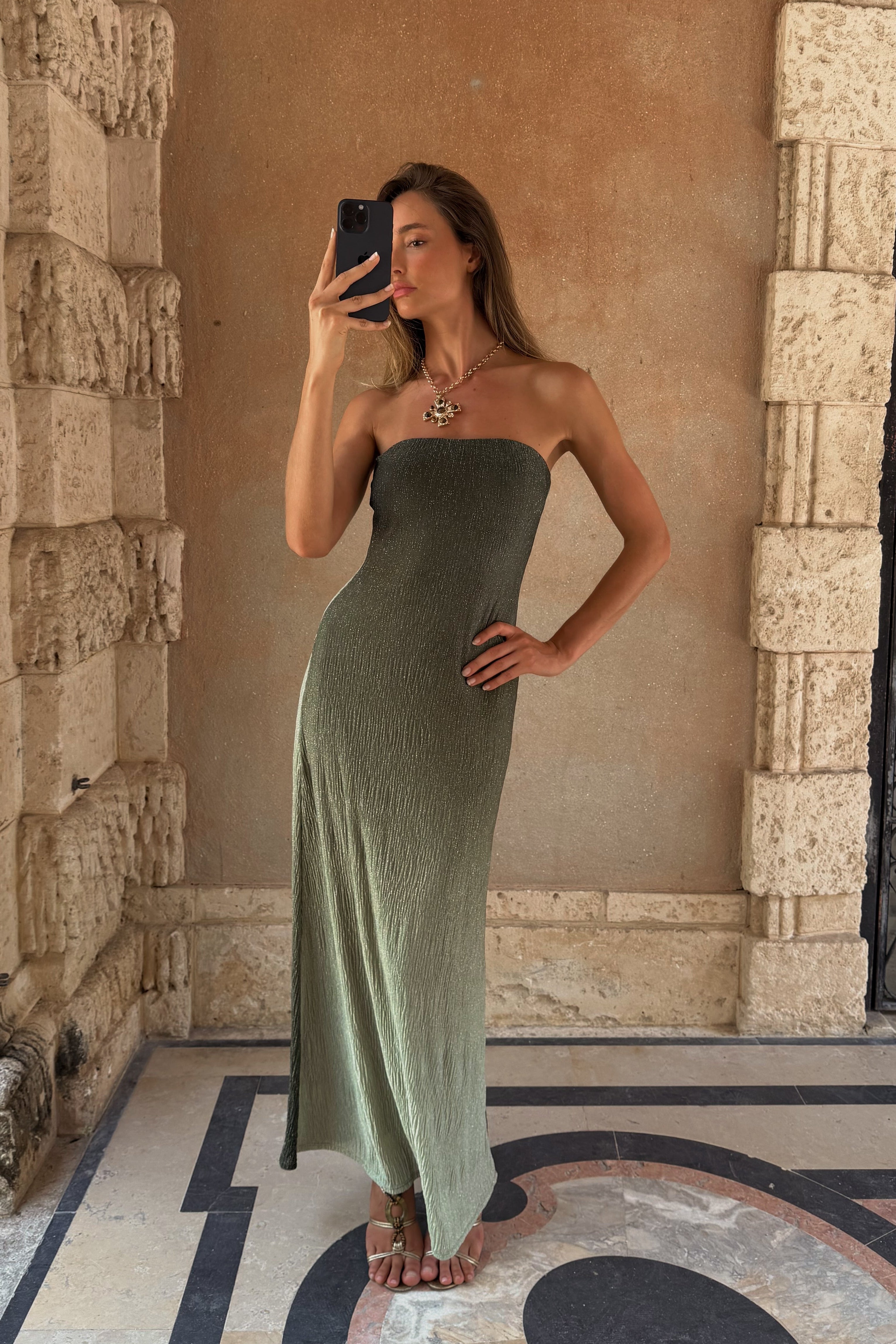 sage maxi dress Brianna Sage Ombre Strapless Maxi Dress