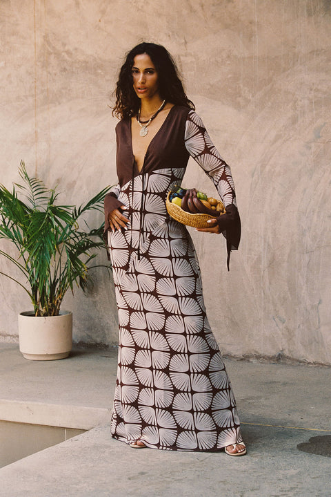 the thea long sleeve half zip maxi dress Thea Block Print Maxi Dress