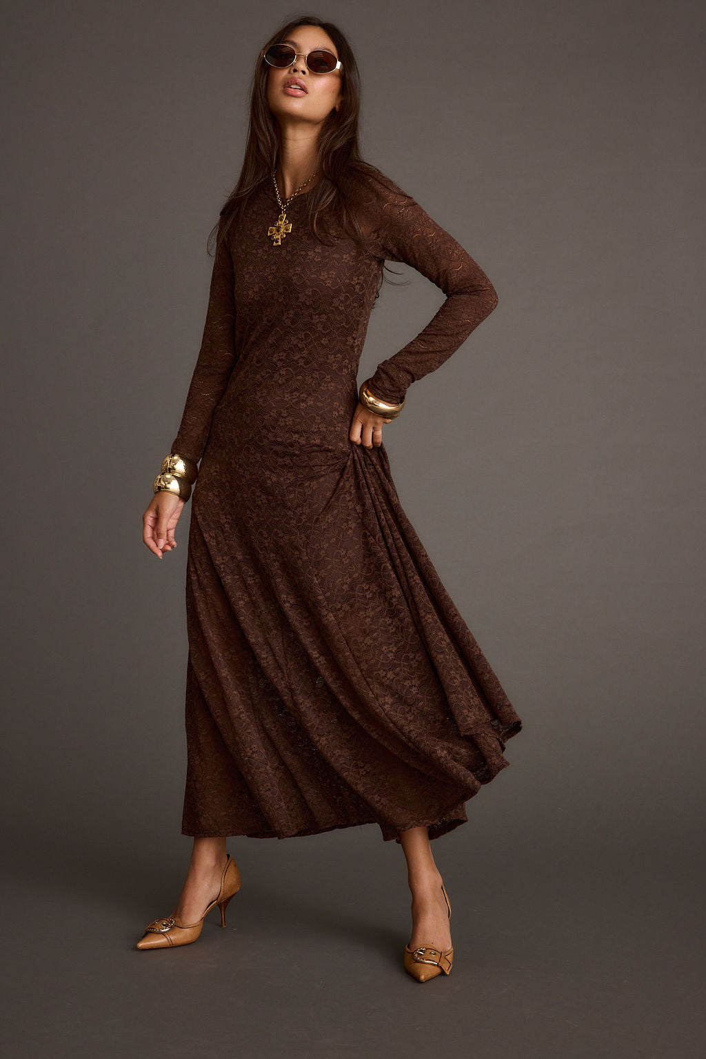 Tierra Brown Lace Long Sleeve Maxi Dress