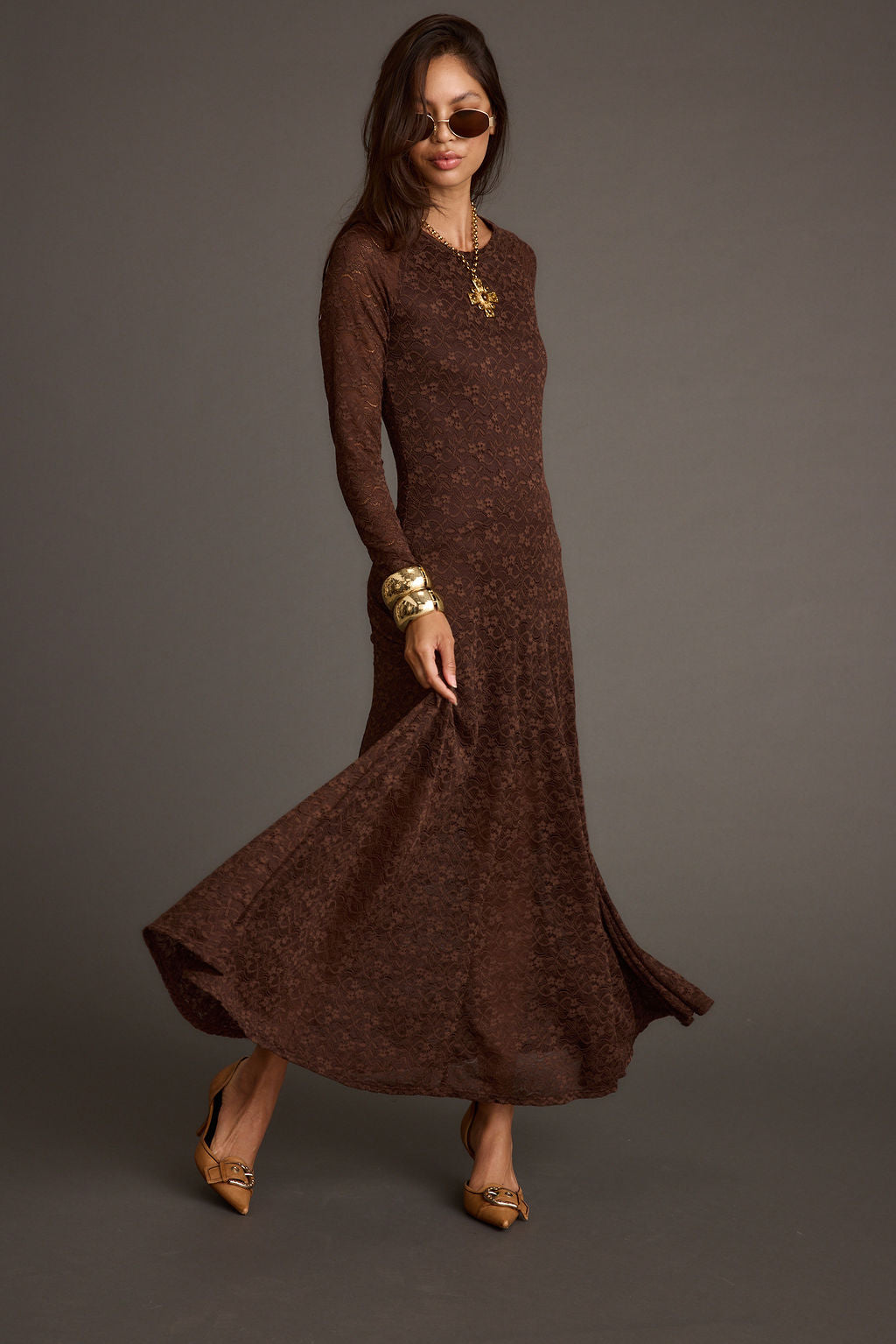 Tierra Brown Lace Long Sleeve Maxi Dress