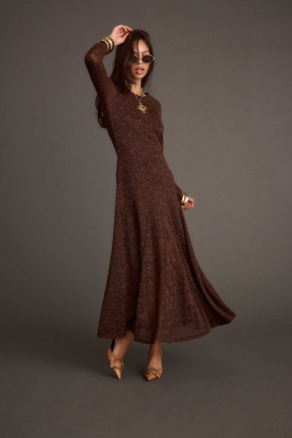 Tierra Brown Lace Long Sleeve Maxi Dress