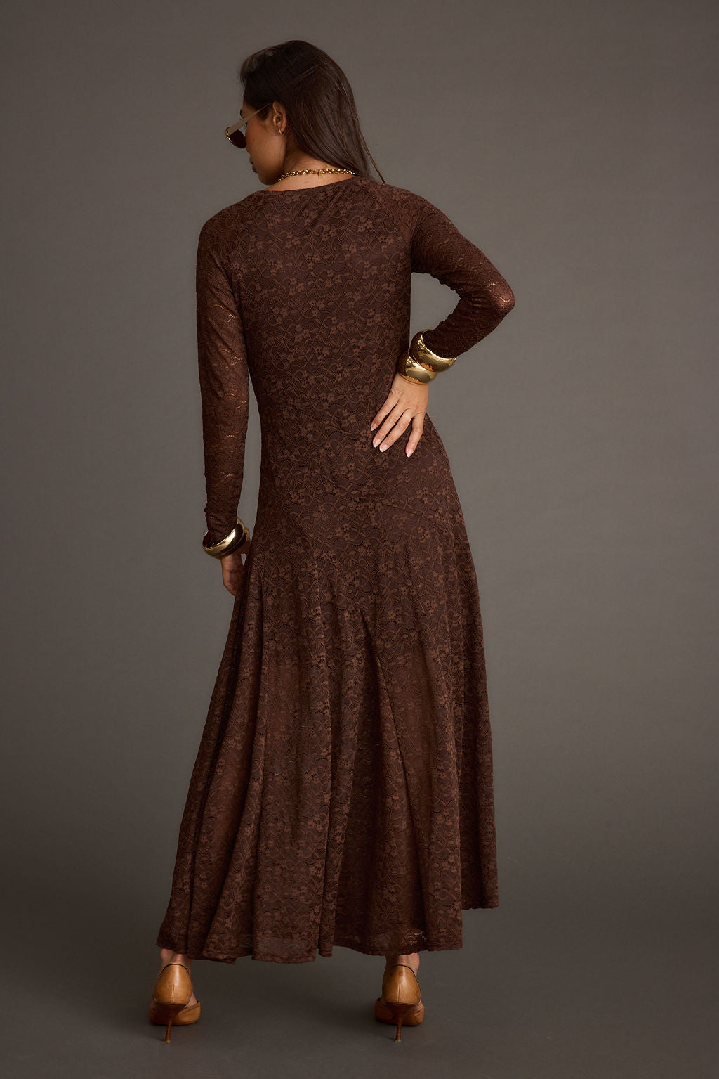 Tierra Brown Lace Long Sleeve Maxi Dress
