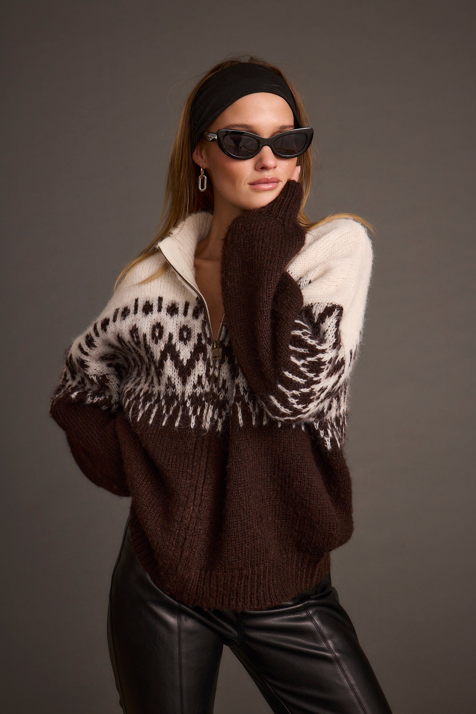 Toddy Espresso and Ivory Zip Up Sweater