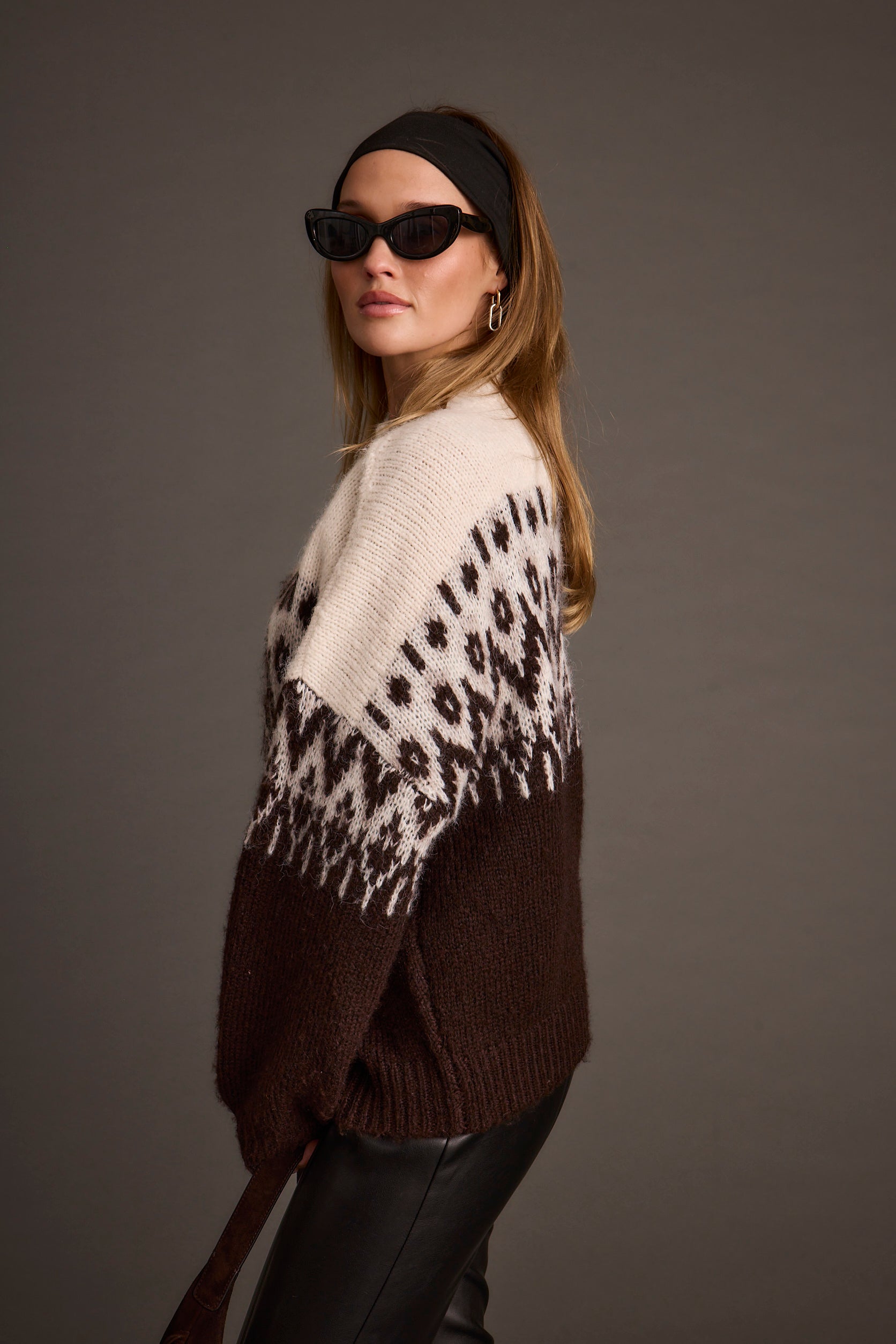 Toddy Espresso and Ivory Zip Up Sweater