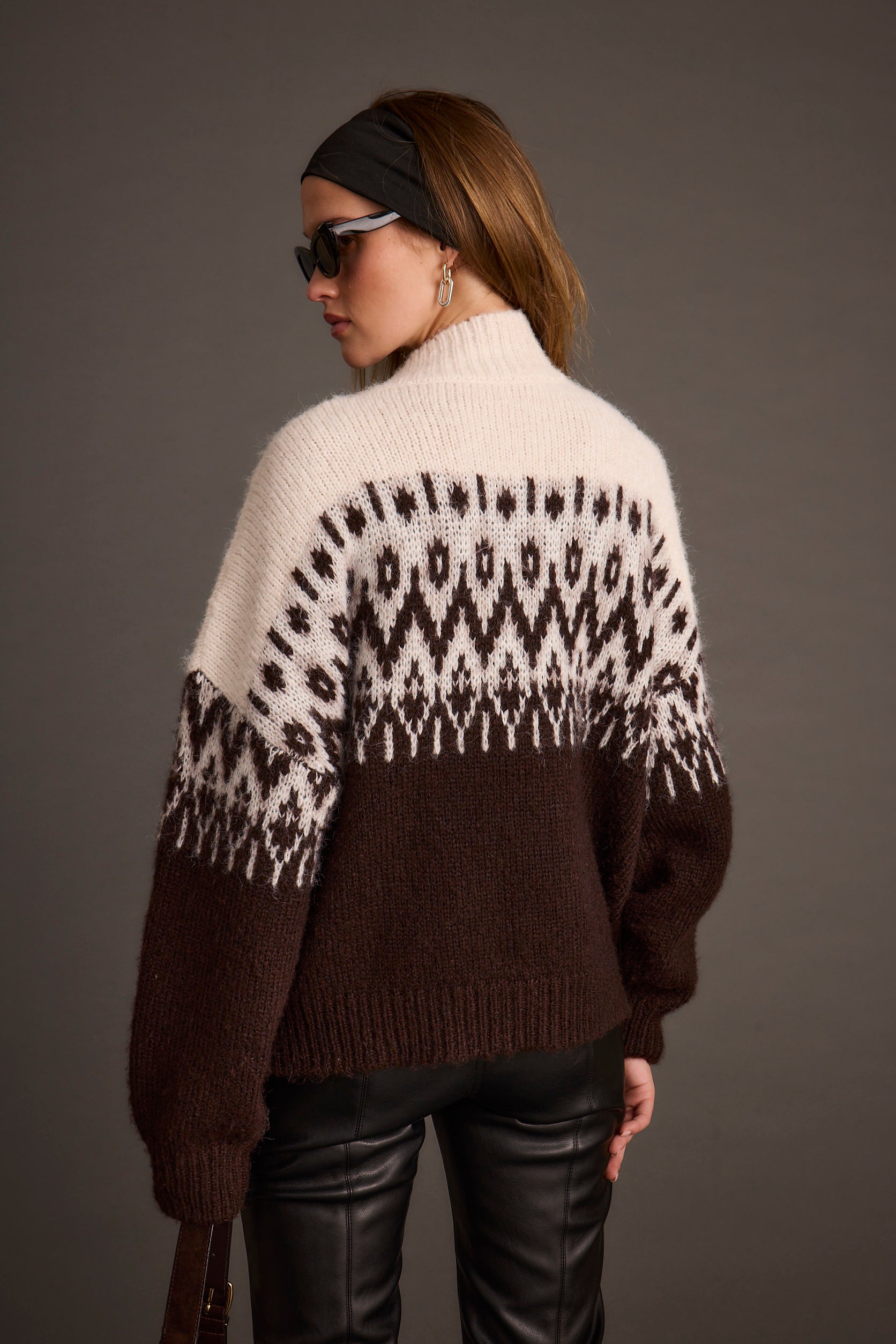 Toddy Espresso and Ivory Zip Up Sweater