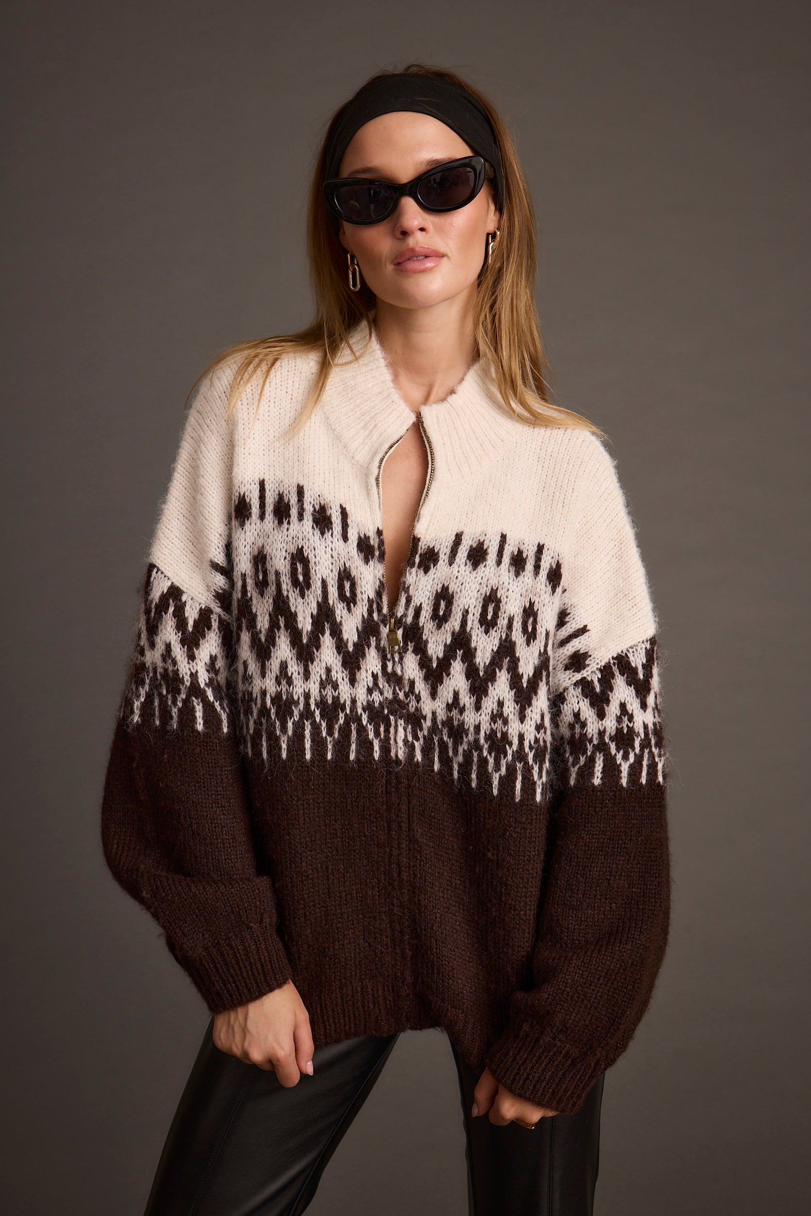 Toddy Espresso and Ivory Zip Up Sweater