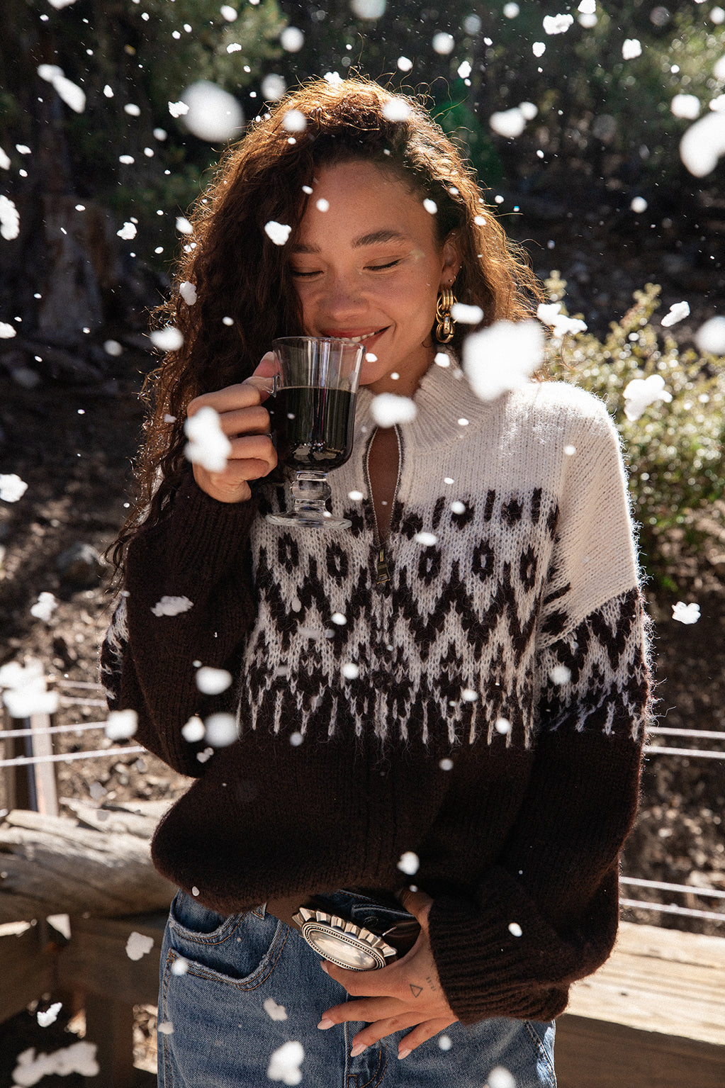 Toddy Espresso and Ivory Zip Up Sweater