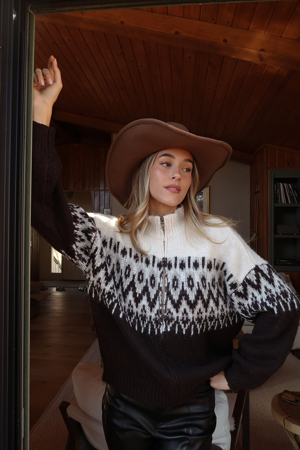 Toddy Espresso and Ivory Zip Up Sweater