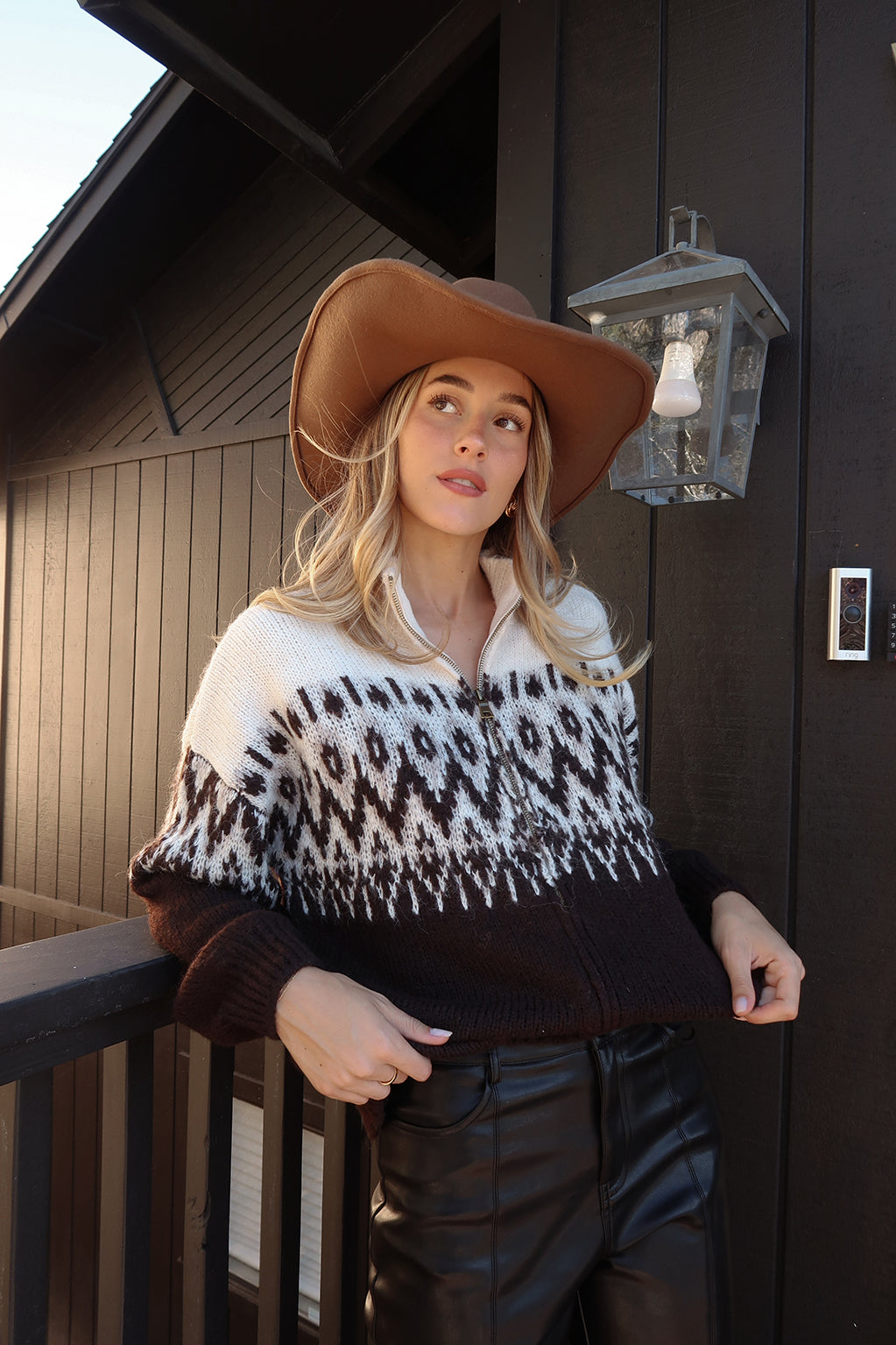 Toddy Espresso and Ivory Zip Up Sweater