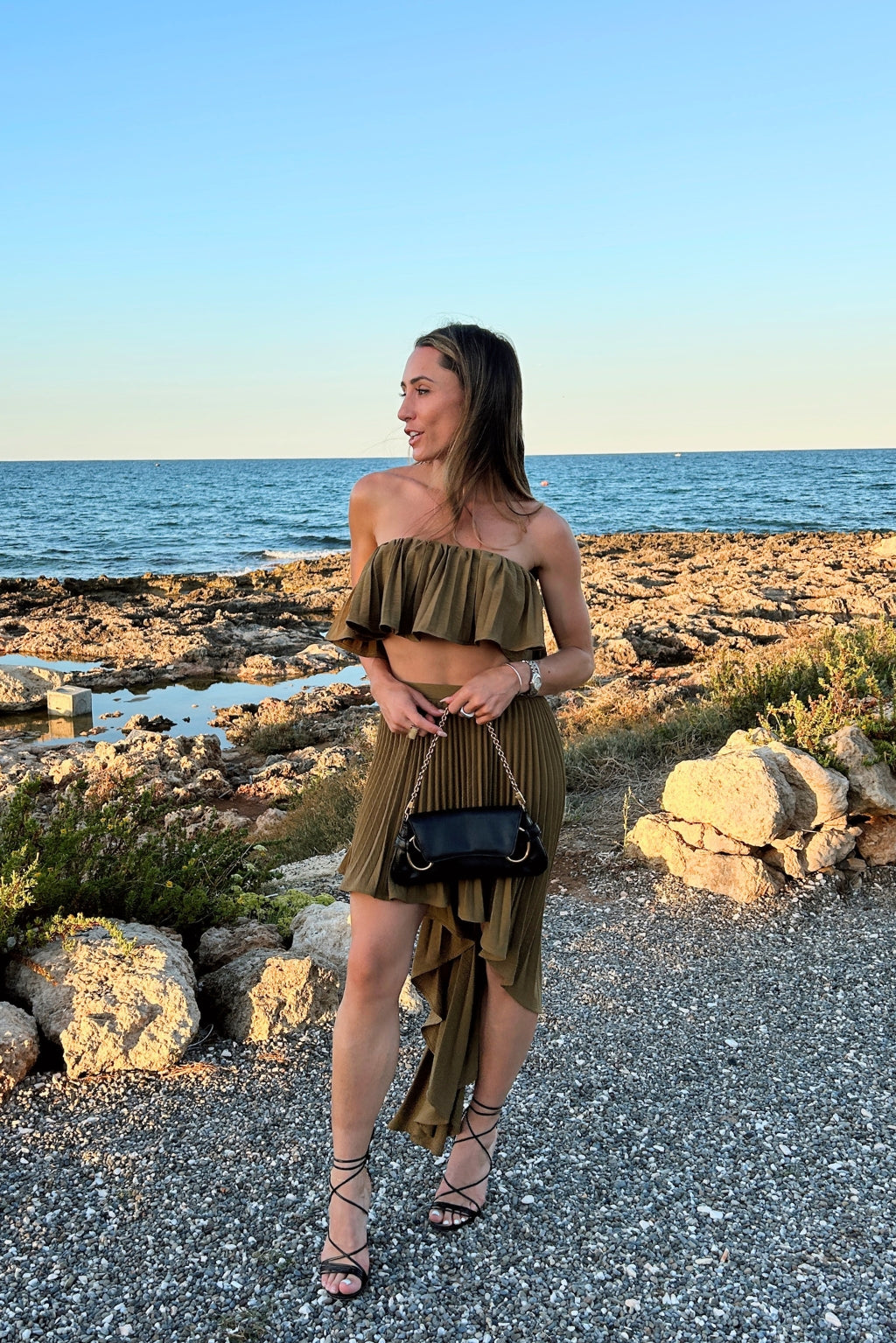 Lima Olive Asymmetrical Midi Skirt