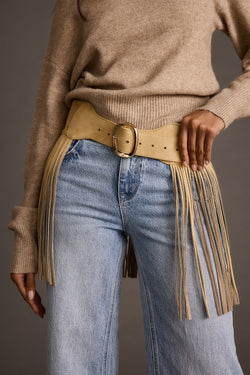 Urbana Camel Faux Suede Fringe Belt