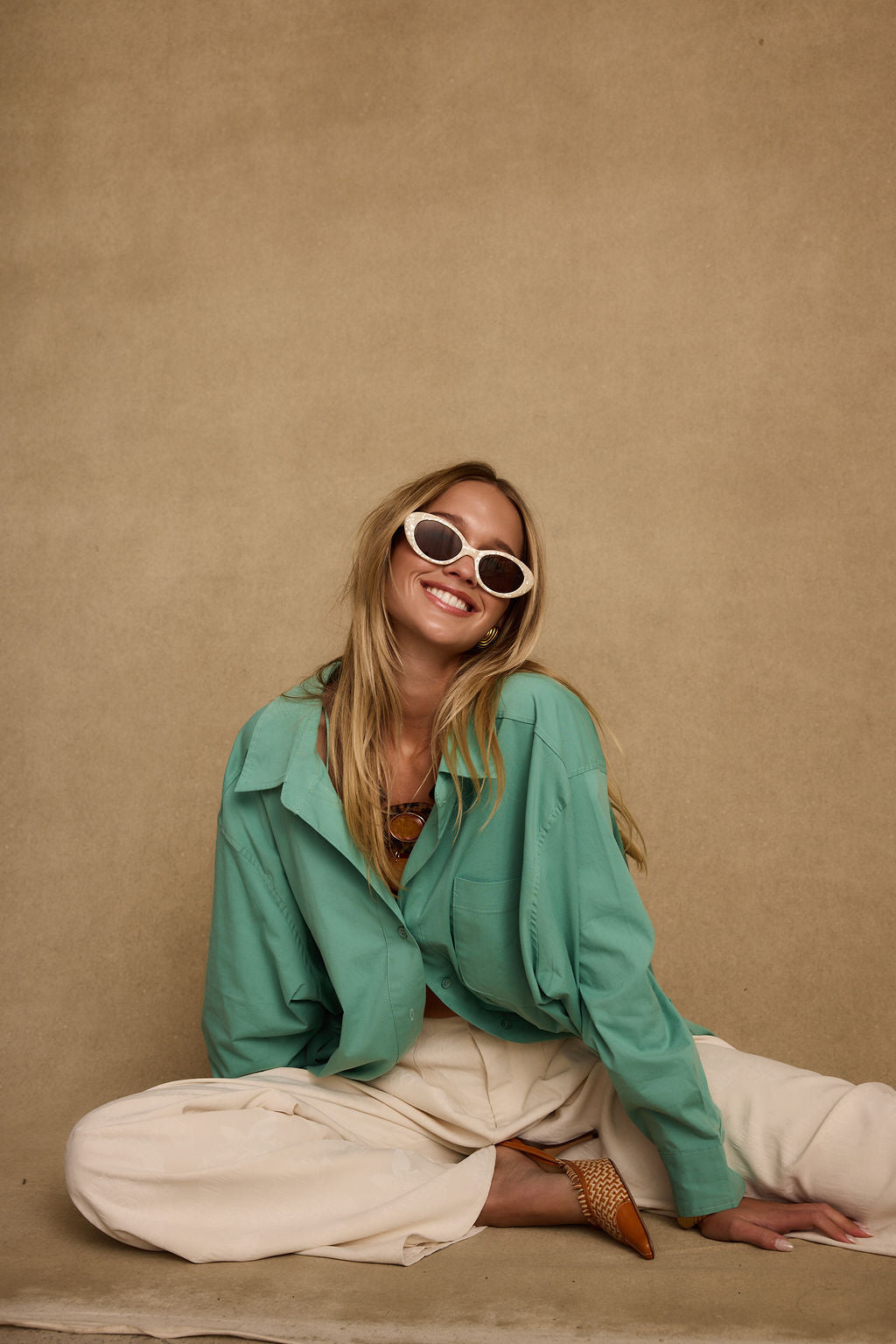 Additional view of the Vacanza Mint Button Up Top from a different perspective.