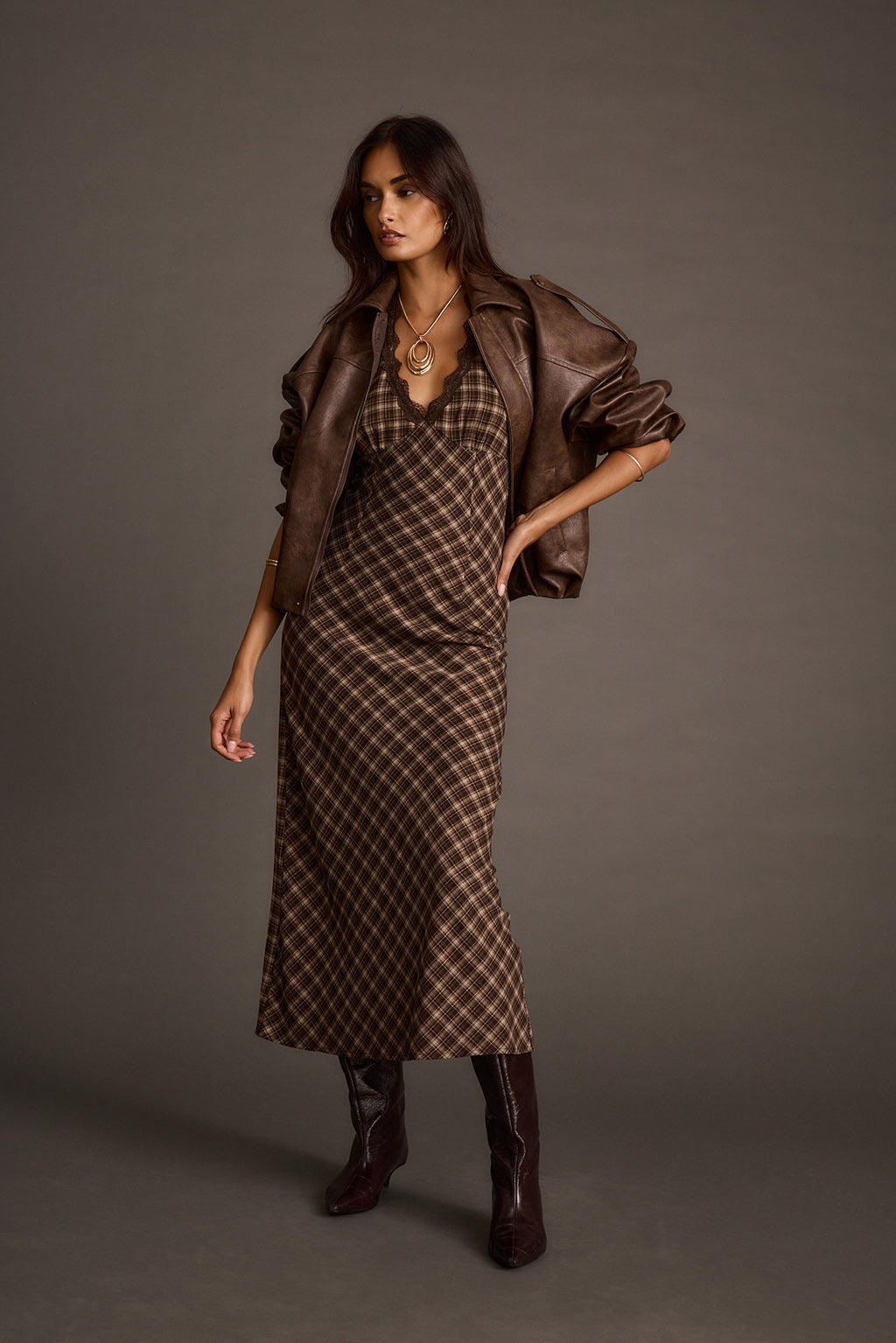 Vanessa Plaid Satin Midi Dress | 12th Tribe