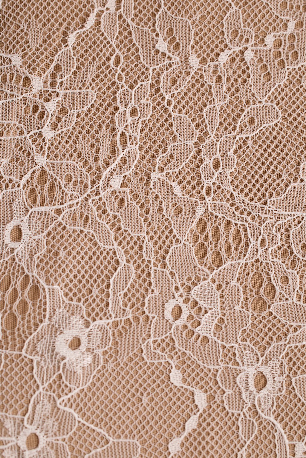 Close-up of white floral lace fabric with netted detail over a tan backing.