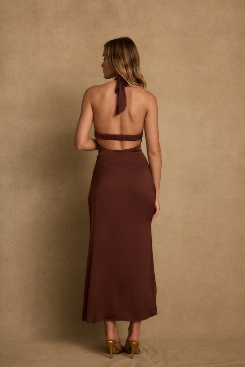 Back view of the espresso satin midi dress showing the silhouette and fit.