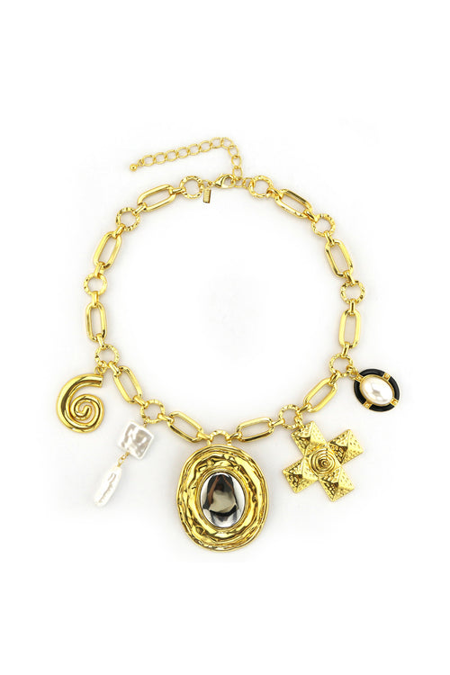 Verona Gold and Black Charm Necklace shown from a different angle, highlighting the metalwork details.