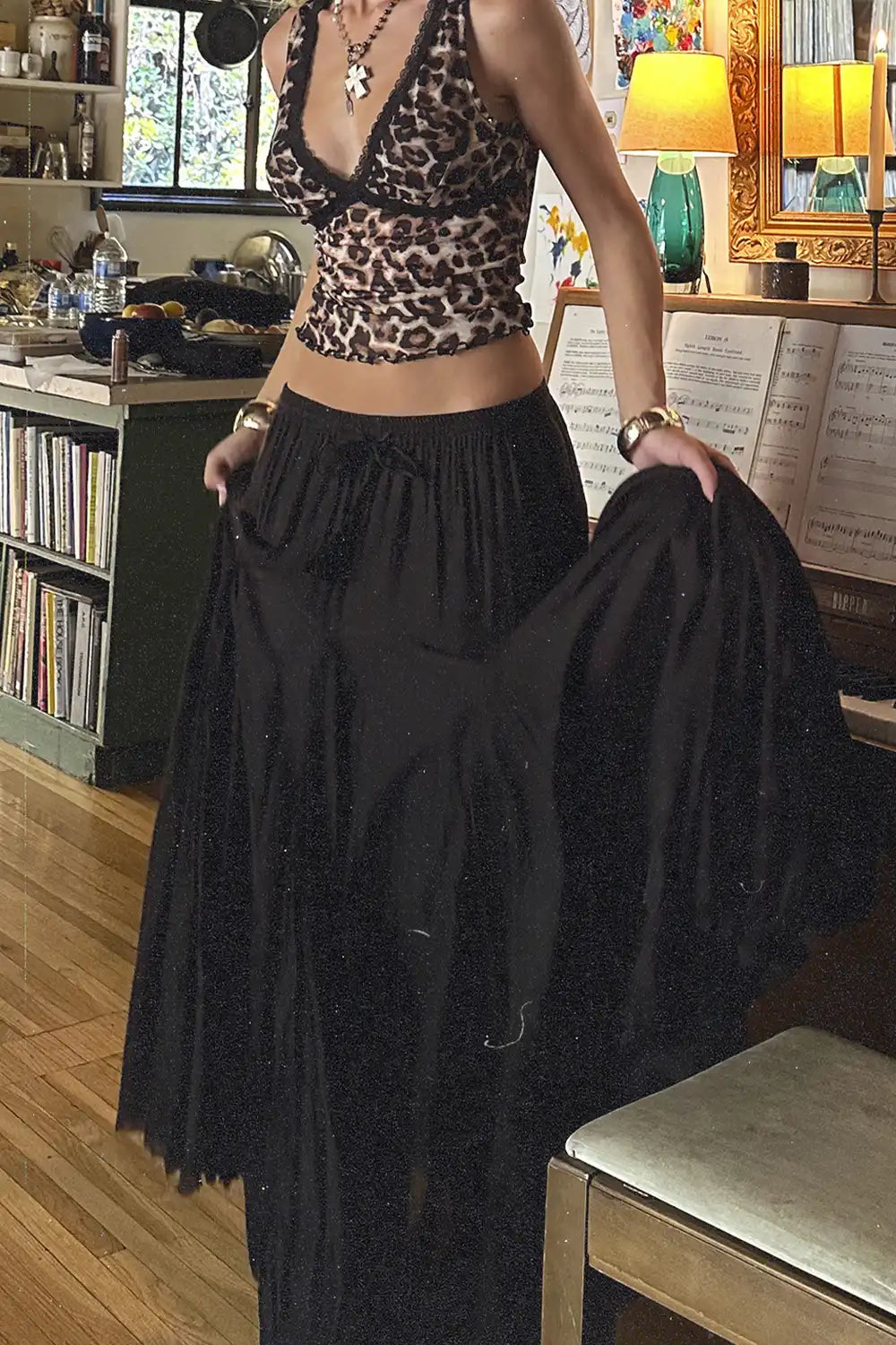 Violetta Black Gauze Maxi Skirt styled in a complete look from an alternate angle.