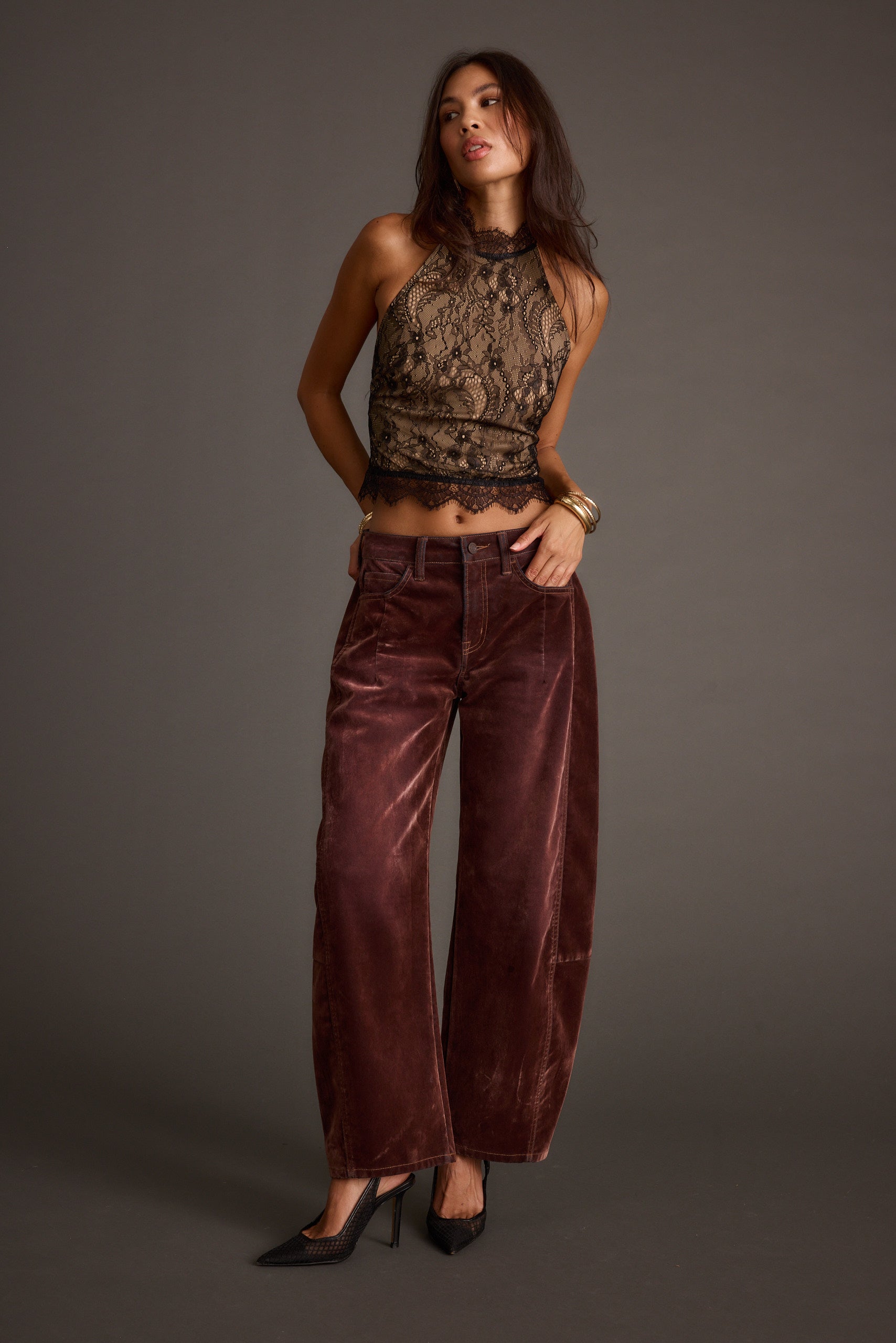 Vivette Black Lace Mock Neck Halter Top