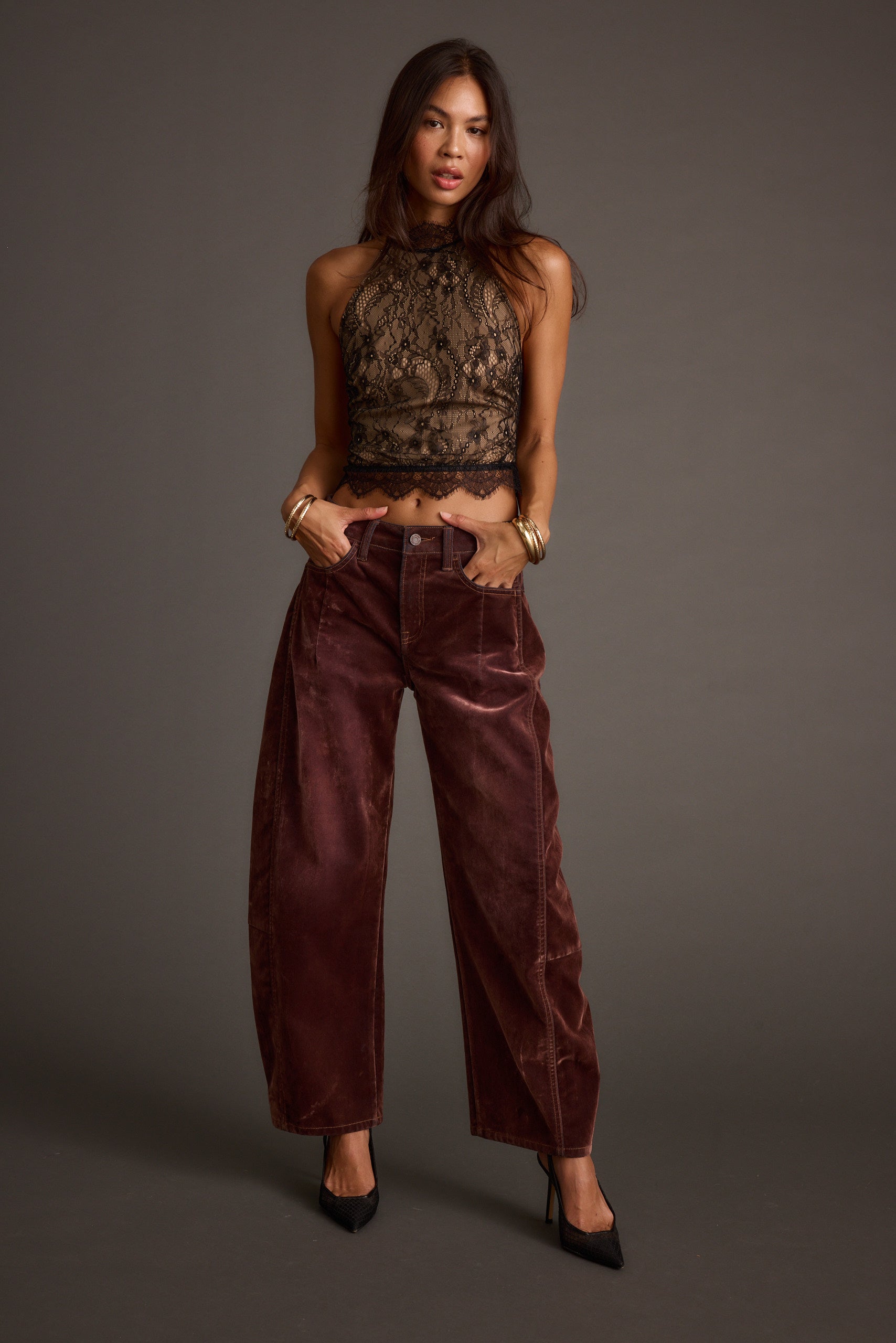 Vivette Black Lace Mock Neck Halter Top