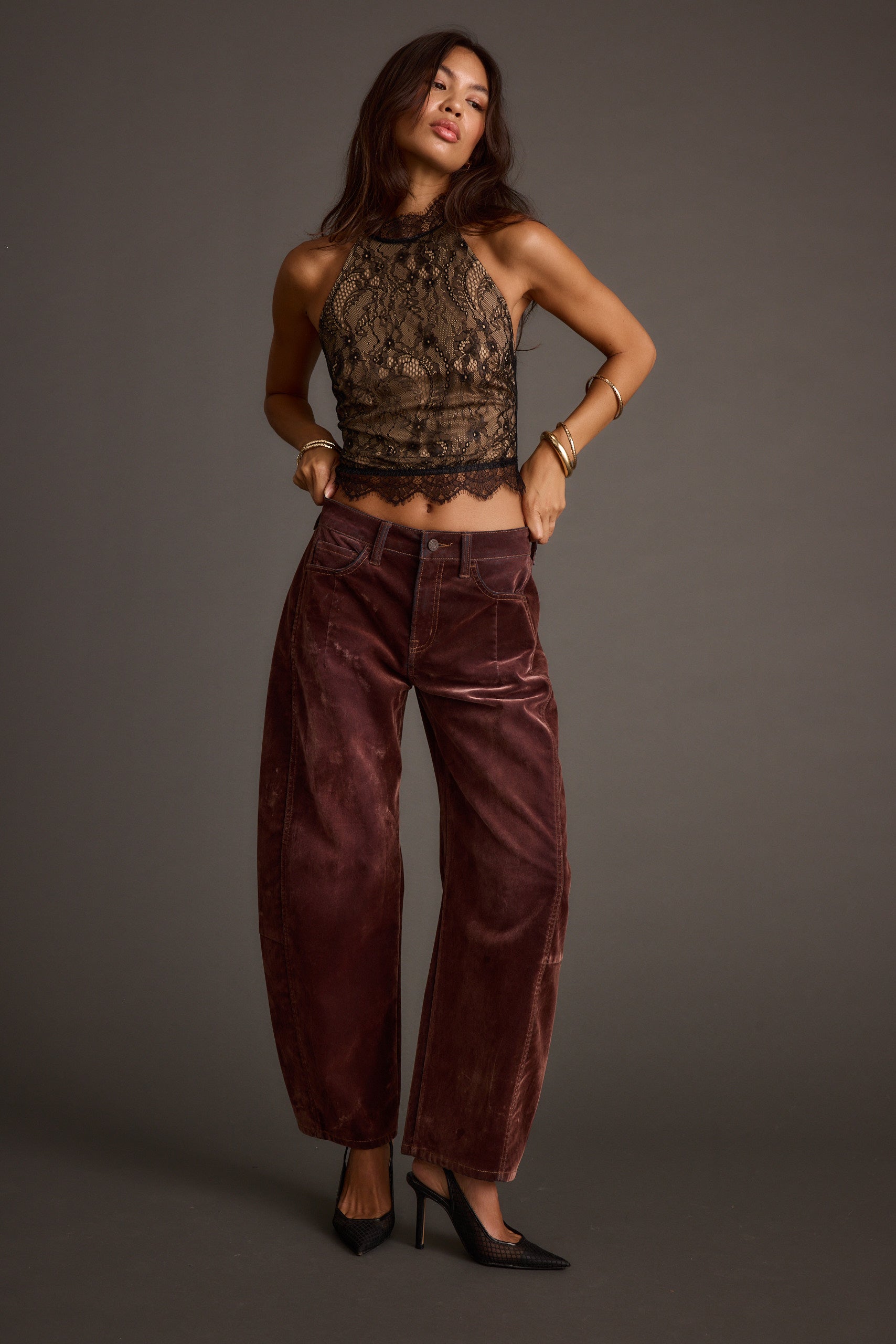 Vivette Black Lace Mock Neck Halter Top