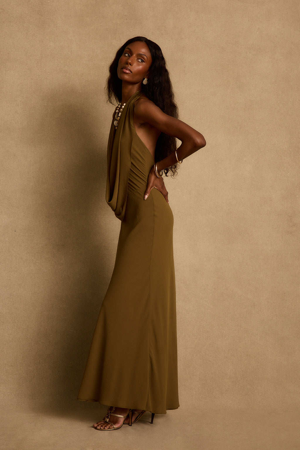 olive gold dress Zela Cowl Maxi - L Size - Women's Dresses dramatic wedding gown