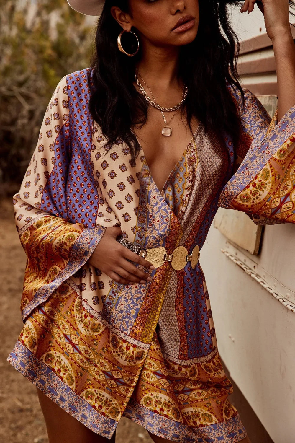 Additional view of the Gold Standard Multicolored Kimono Dress from a different perspective.