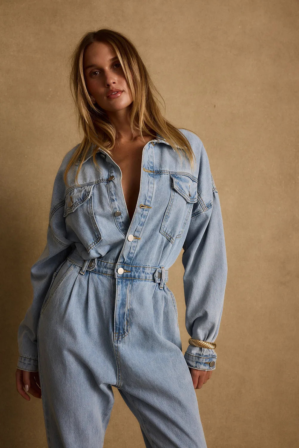 Additional view of the Hendrix Denim Jumpsuit from a different perspective.
