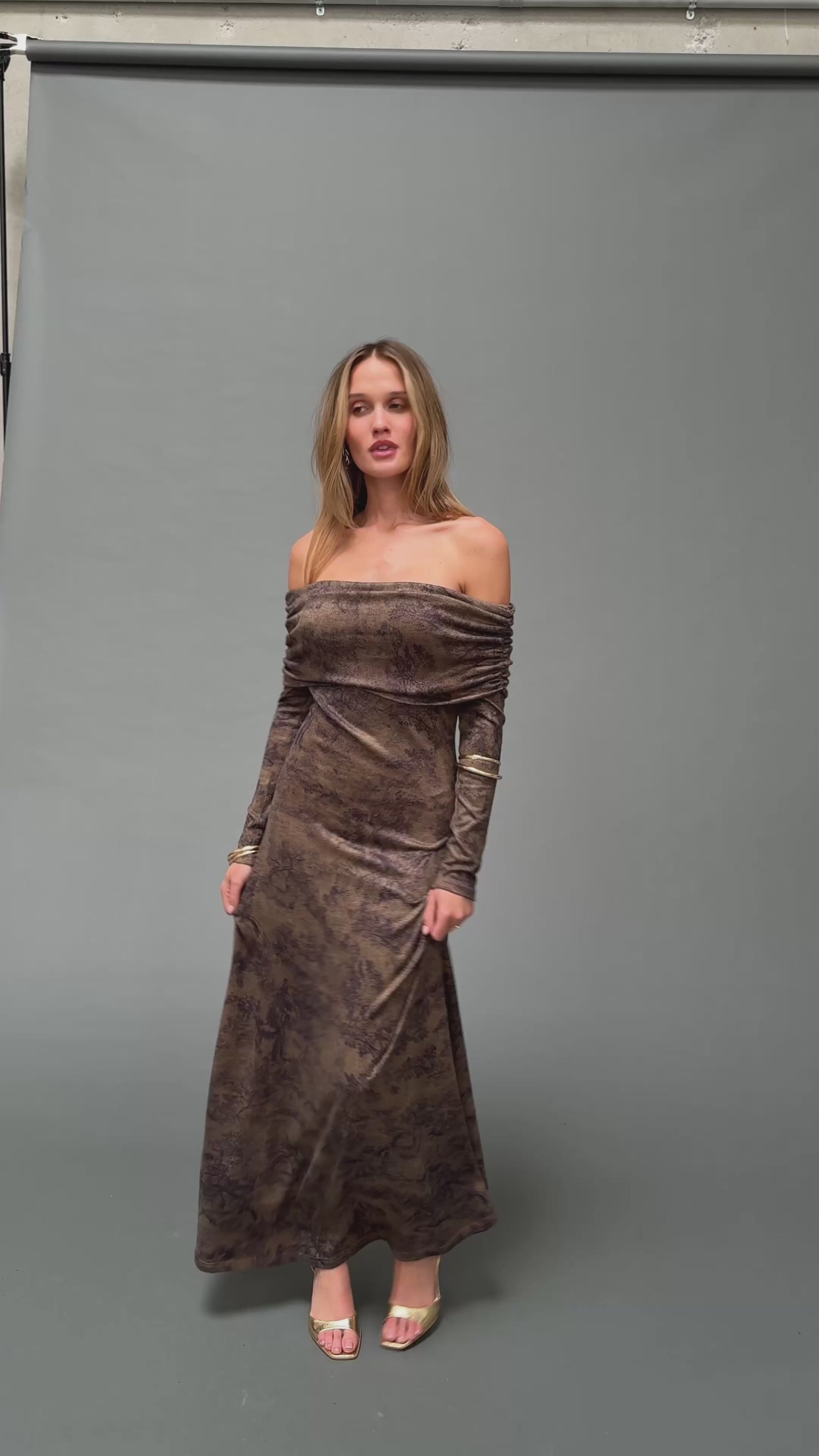 Hollis Mocha Blur Off the Shoulder Maxi Dress