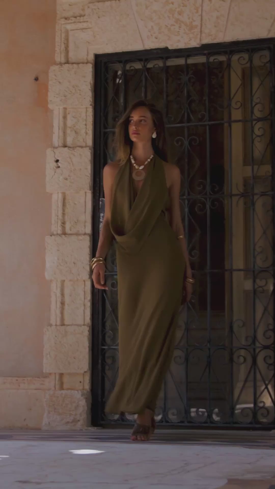 Zela Olive Cowl Maxi Dress