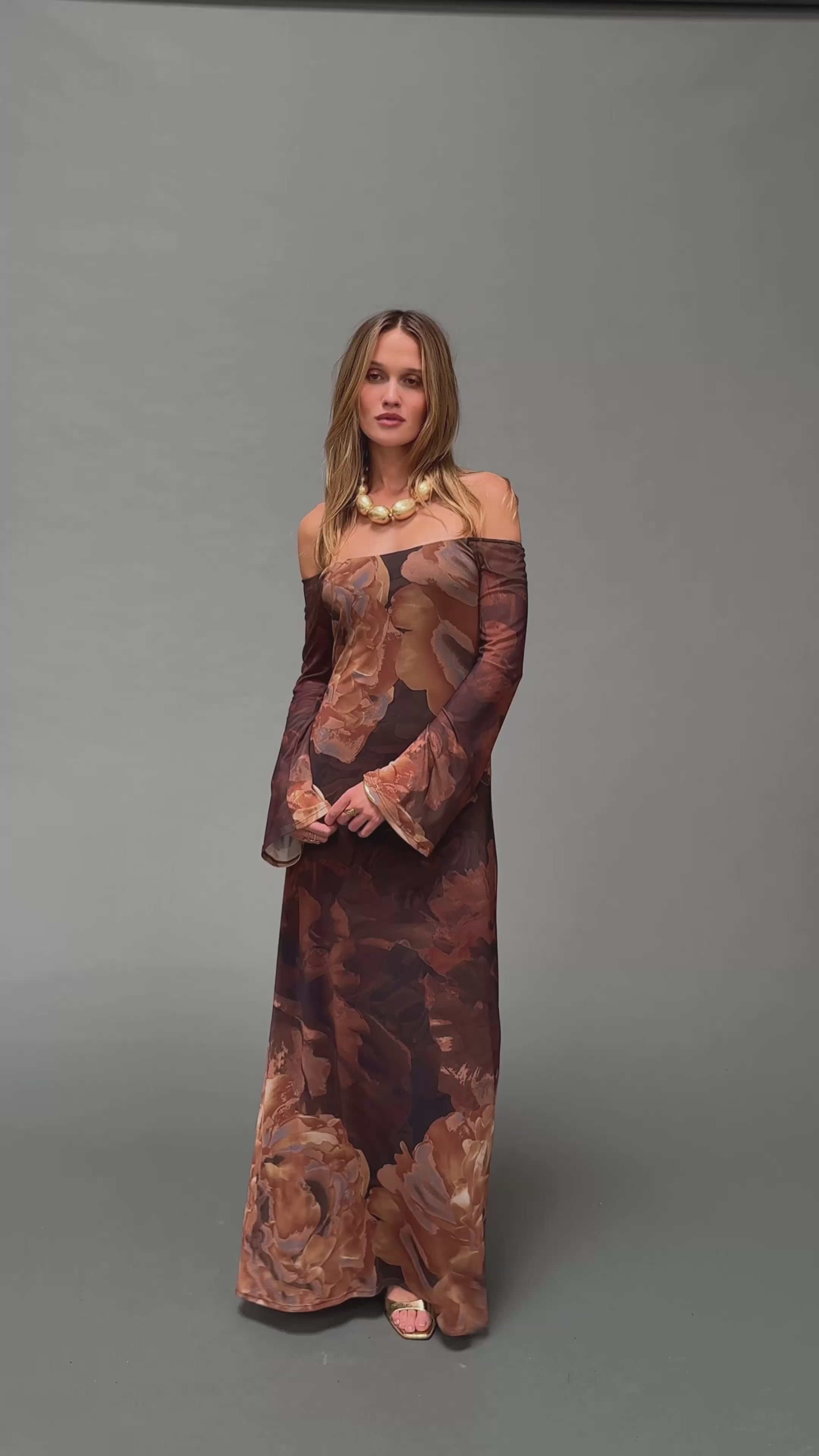 Merritt Mocha Floral Mesh Maxi Dress