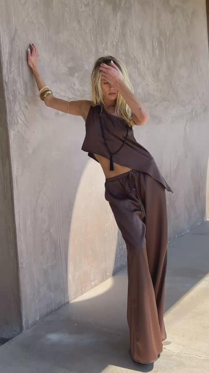 Estelle Espresso Satin One Shoulder Top | 12th Tribe