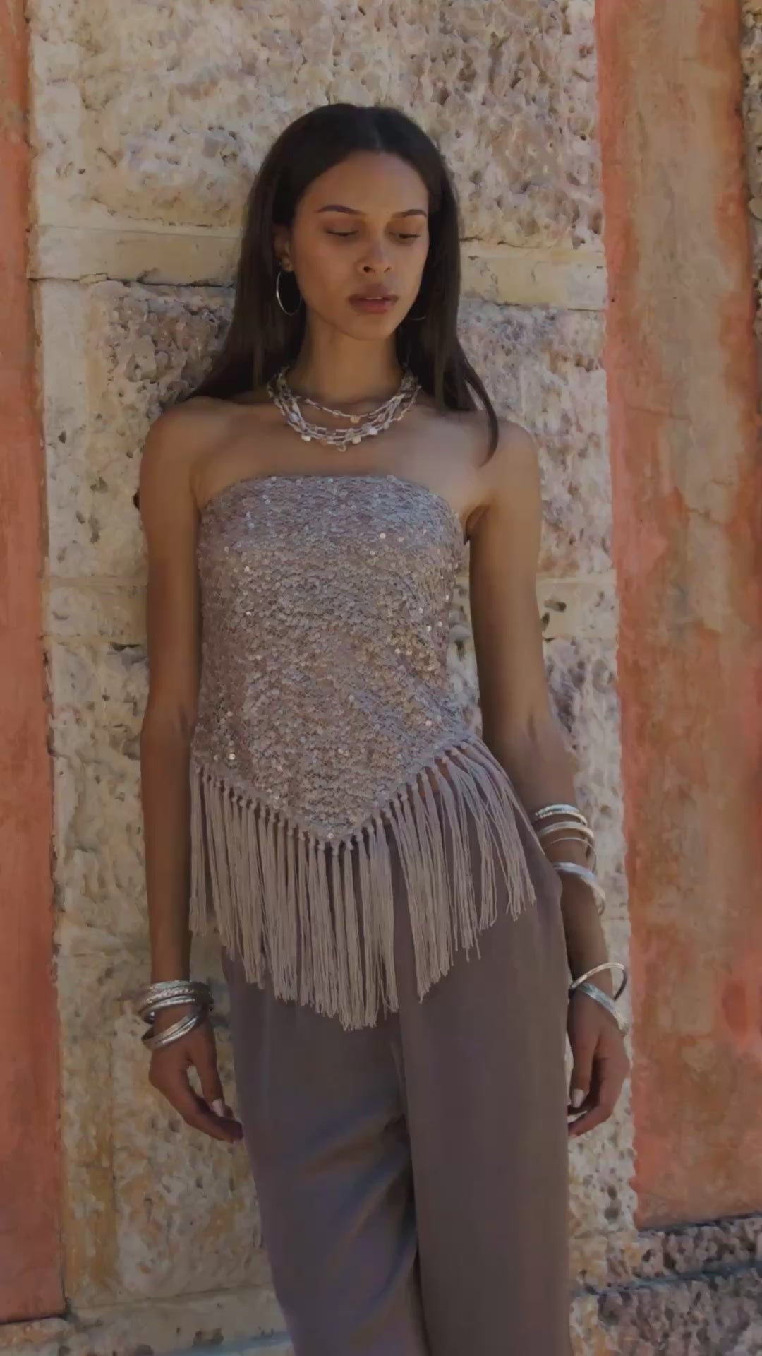 Mirage Taupe Sequin Strapless Top