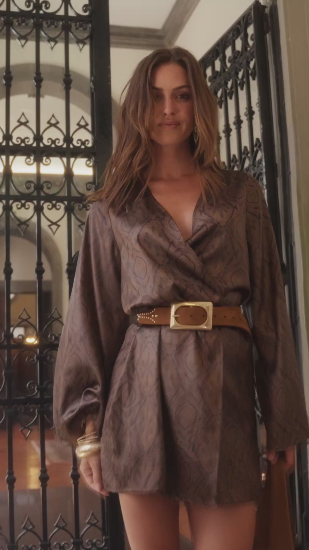 Gold Standard Mocha Satin Kimono Mini Dress