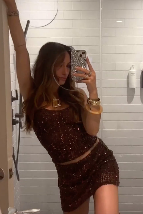 Mocha sequin mini skirt with refined accents, a sequin mini dress essential.