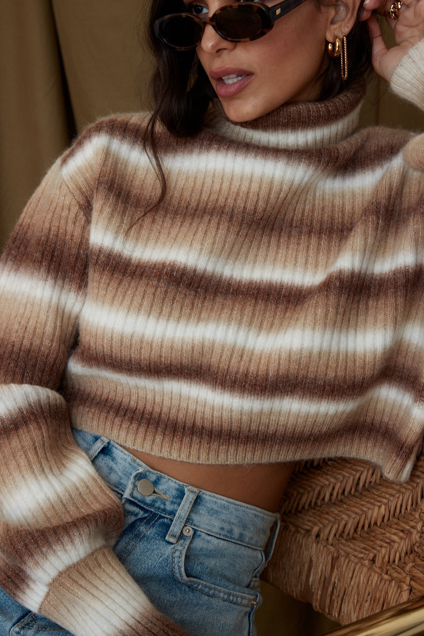 Sonora Brown Striped Turtleneck Sweater