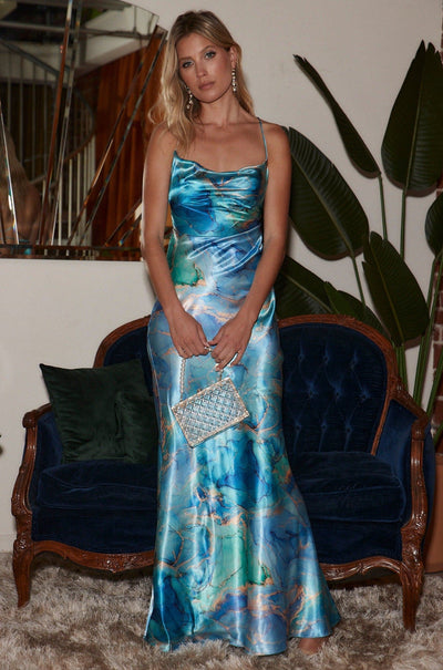 Florence Blue Marble Satin Maxi Dress