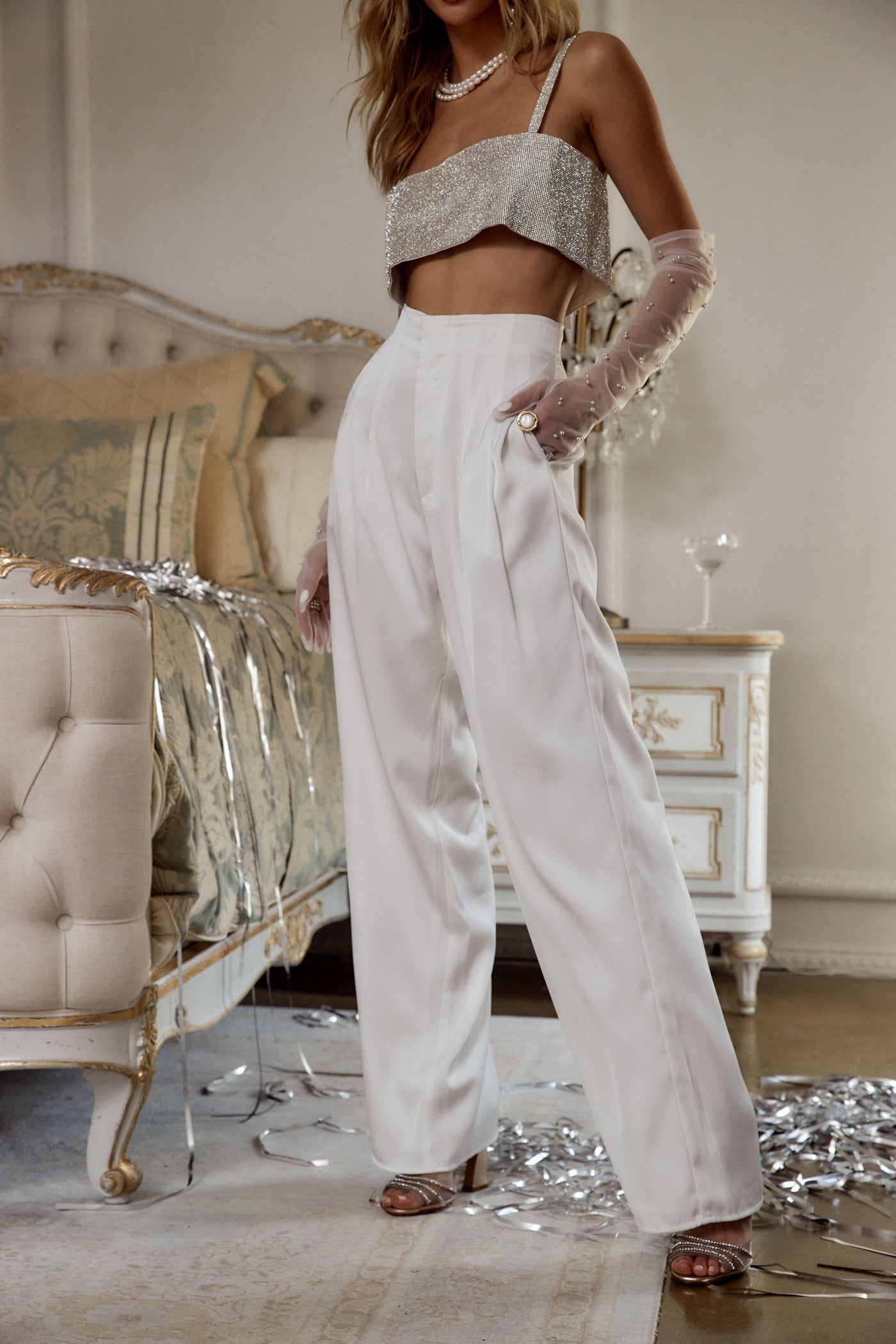 Halley White Satin Trousers