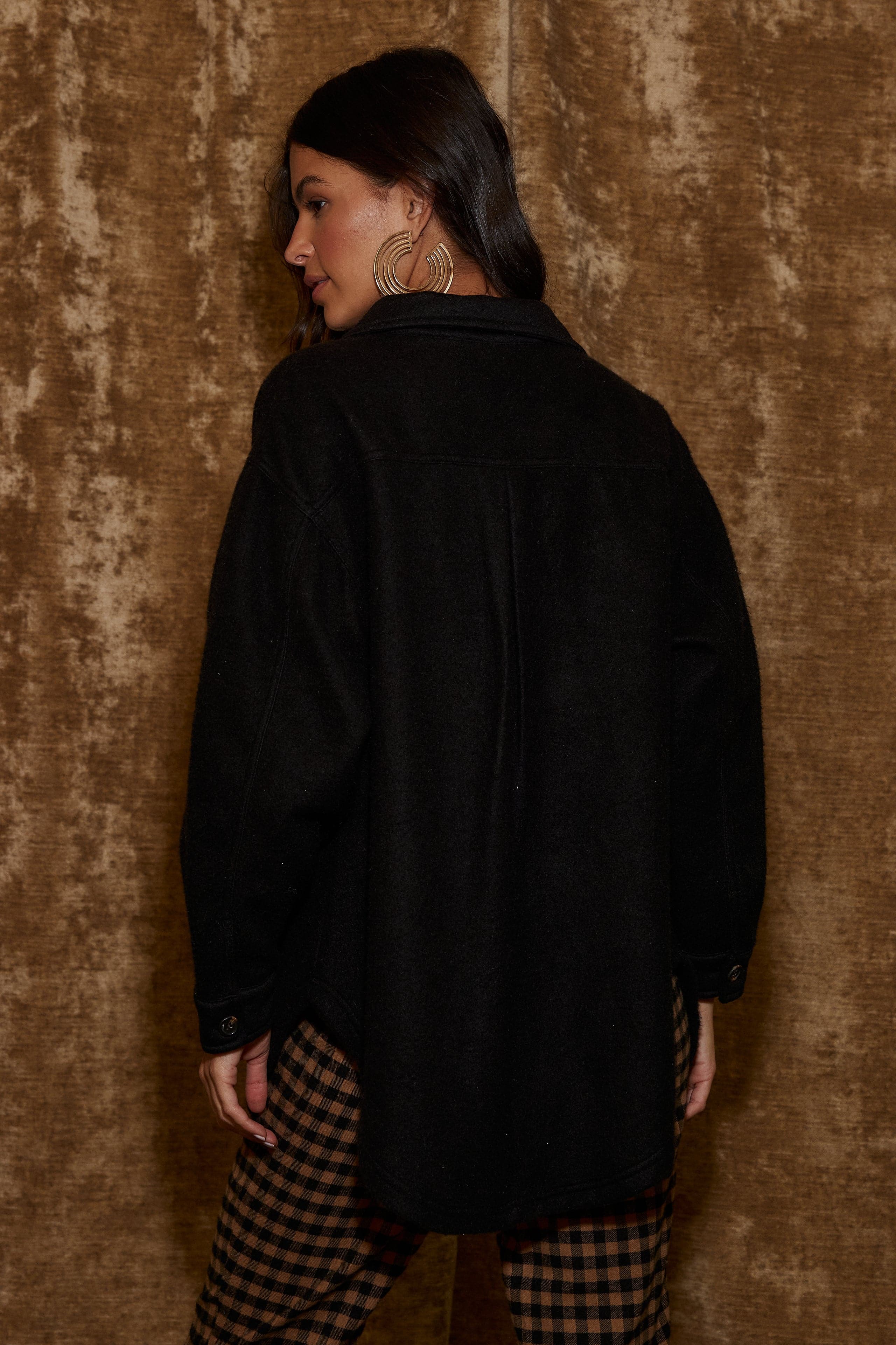 Close-up of the Jayne Black Cozy Button Up Shirt showcasing the fabric texture and design details.