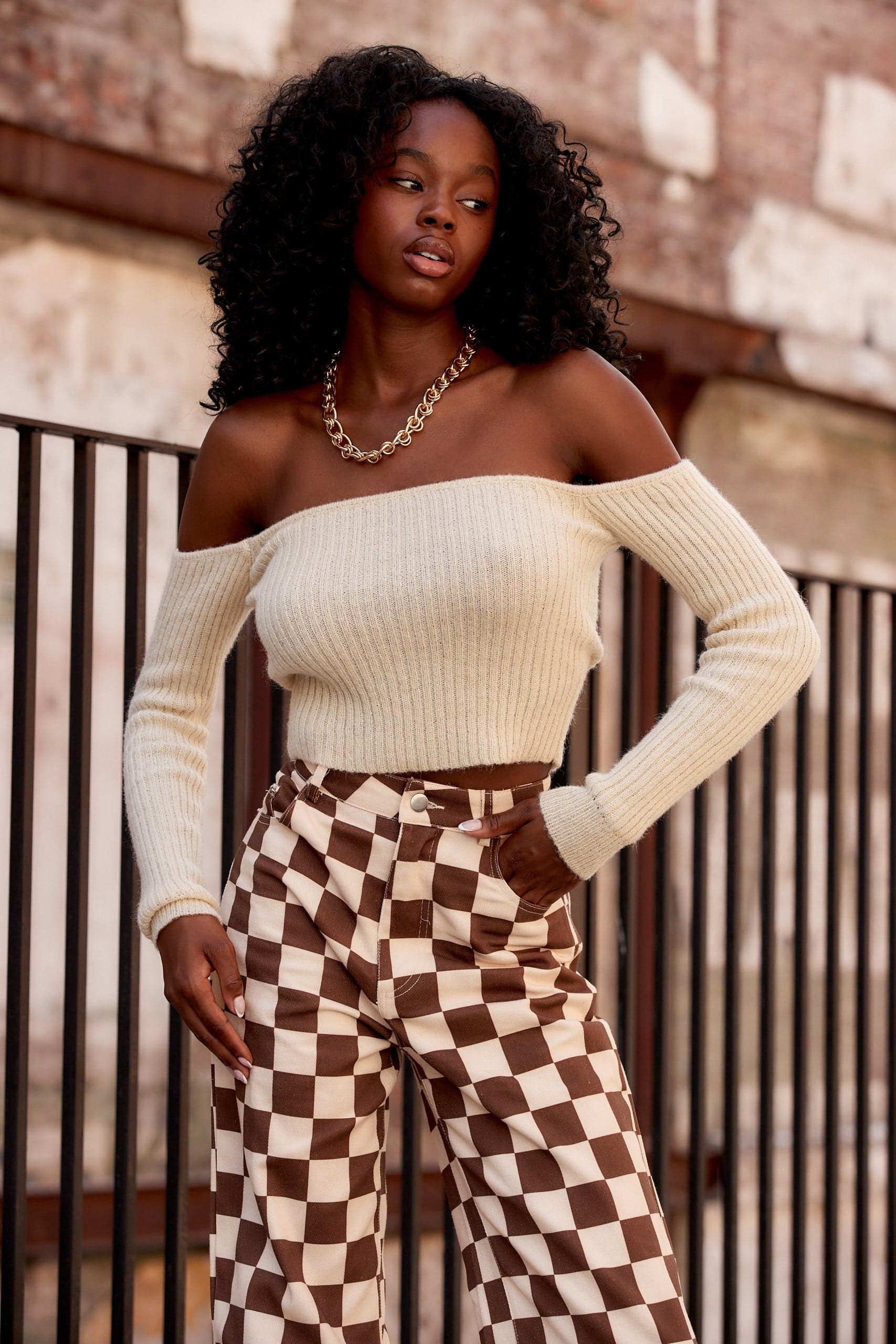 Miley Beige Off The Shoulder Sweater