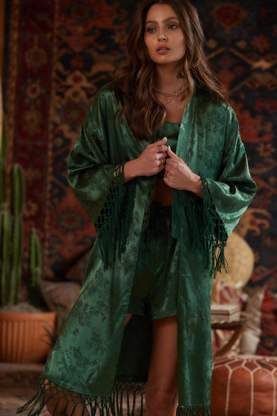 Melanie Dark Emerald Jacquard Fringe Kimono