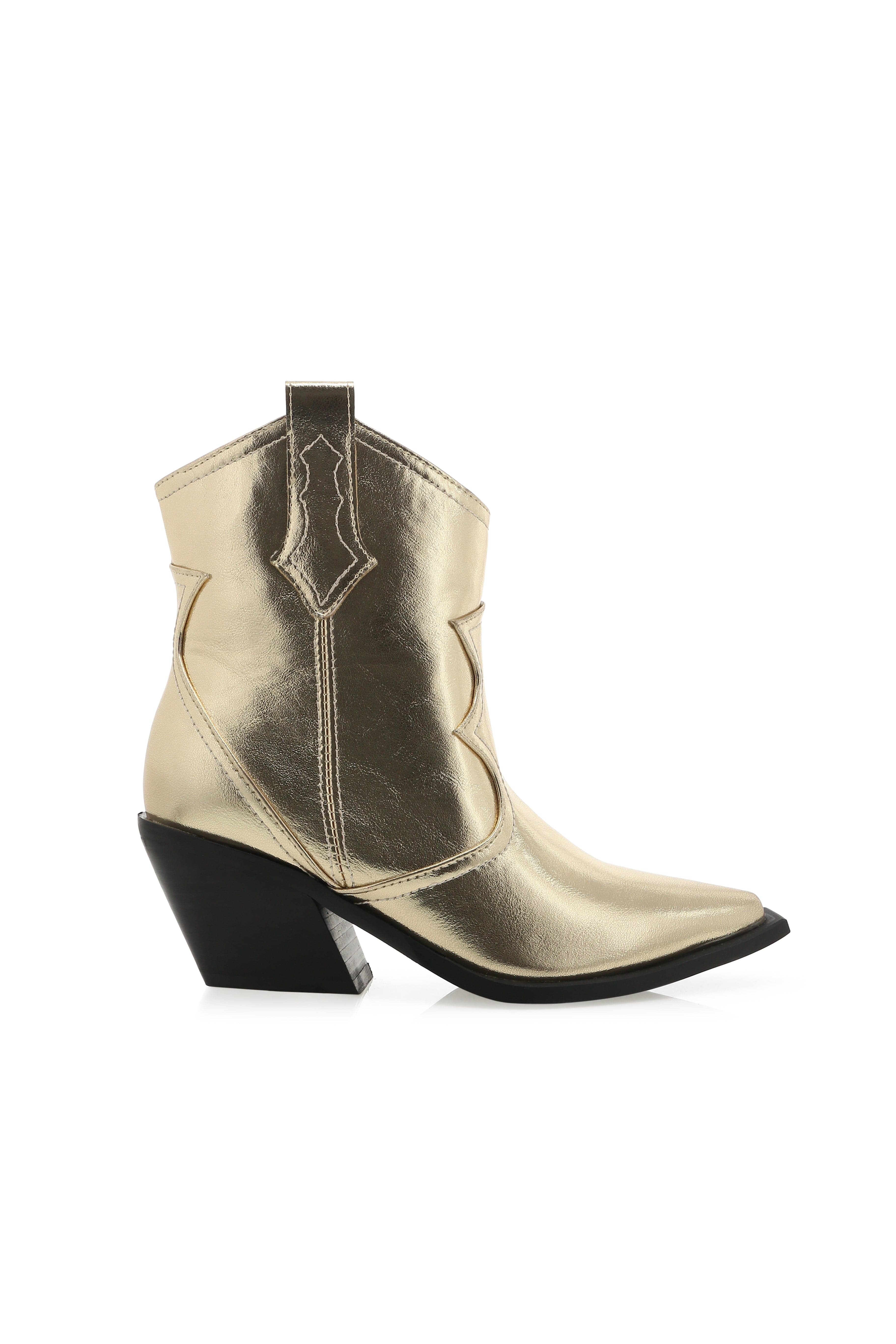 Detail shot of the Billini Ulira Gold Metallic Boot highlighting the metallic elements.
