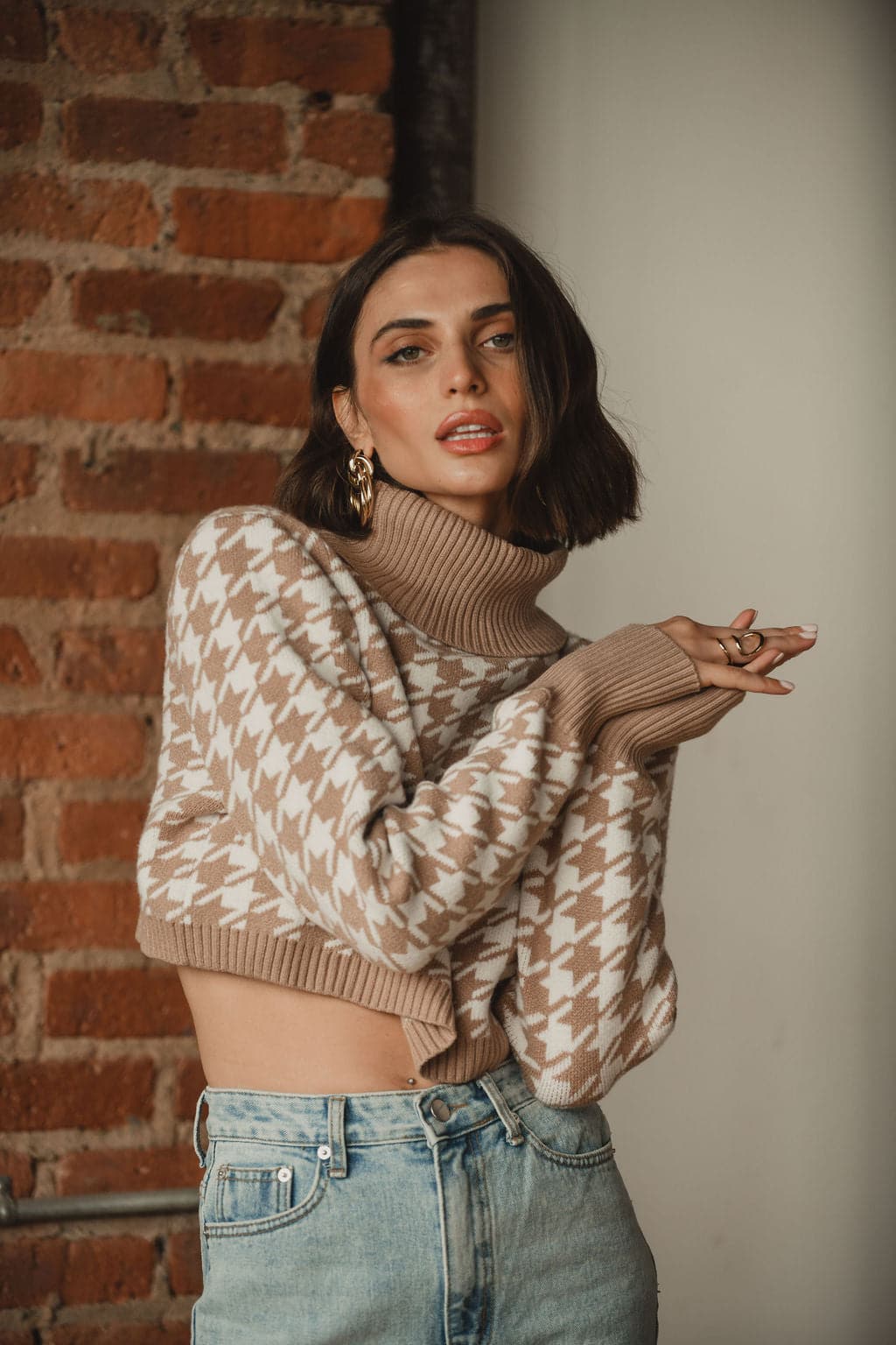 Additional view of the Jamie Beige Houndstooth Sweater from a different perspective.